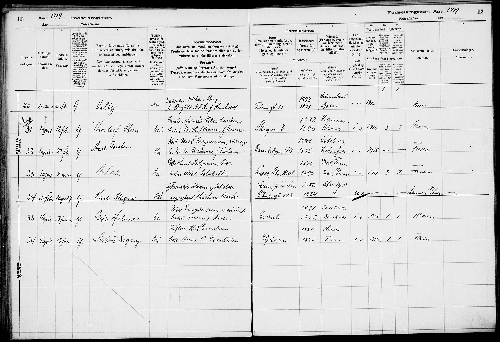 Rjukan kirkebøker, SAKO/A-294/J/Ja/L0001: Fødselsregister nr. 1, 1916-1922, s. 113