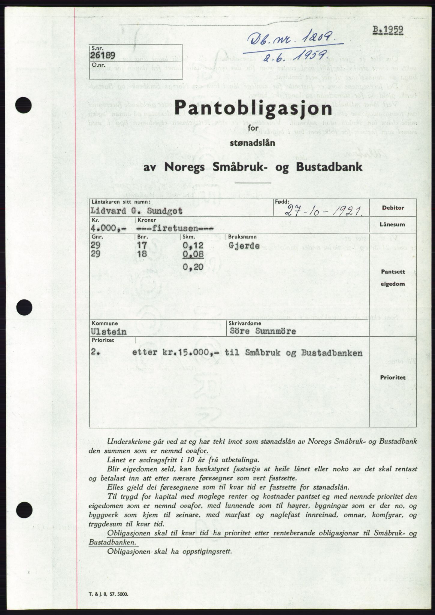 Søre Sunnmøre sorenskriveri, SAT/A-4122/1/2/2C/L0133: Pantebok nr. 21B, 1959-1959, Dagboknr: 1209/1959