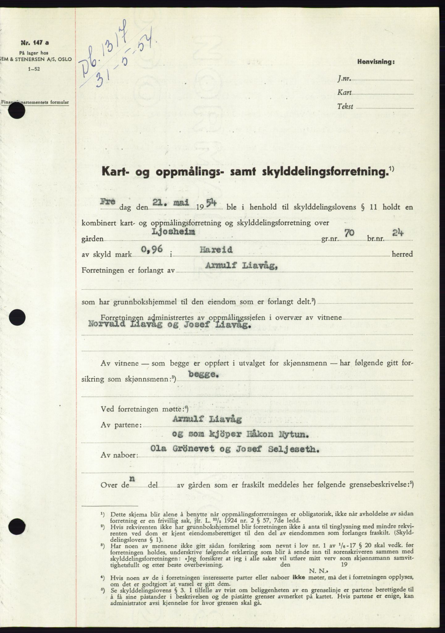 Søre Sunnmøre sorenskriveri, SAT/A-4122/1/2/2C/L0098: Pantebok nr. 24A, 1954-1954, Dagboknr: 1317/1954