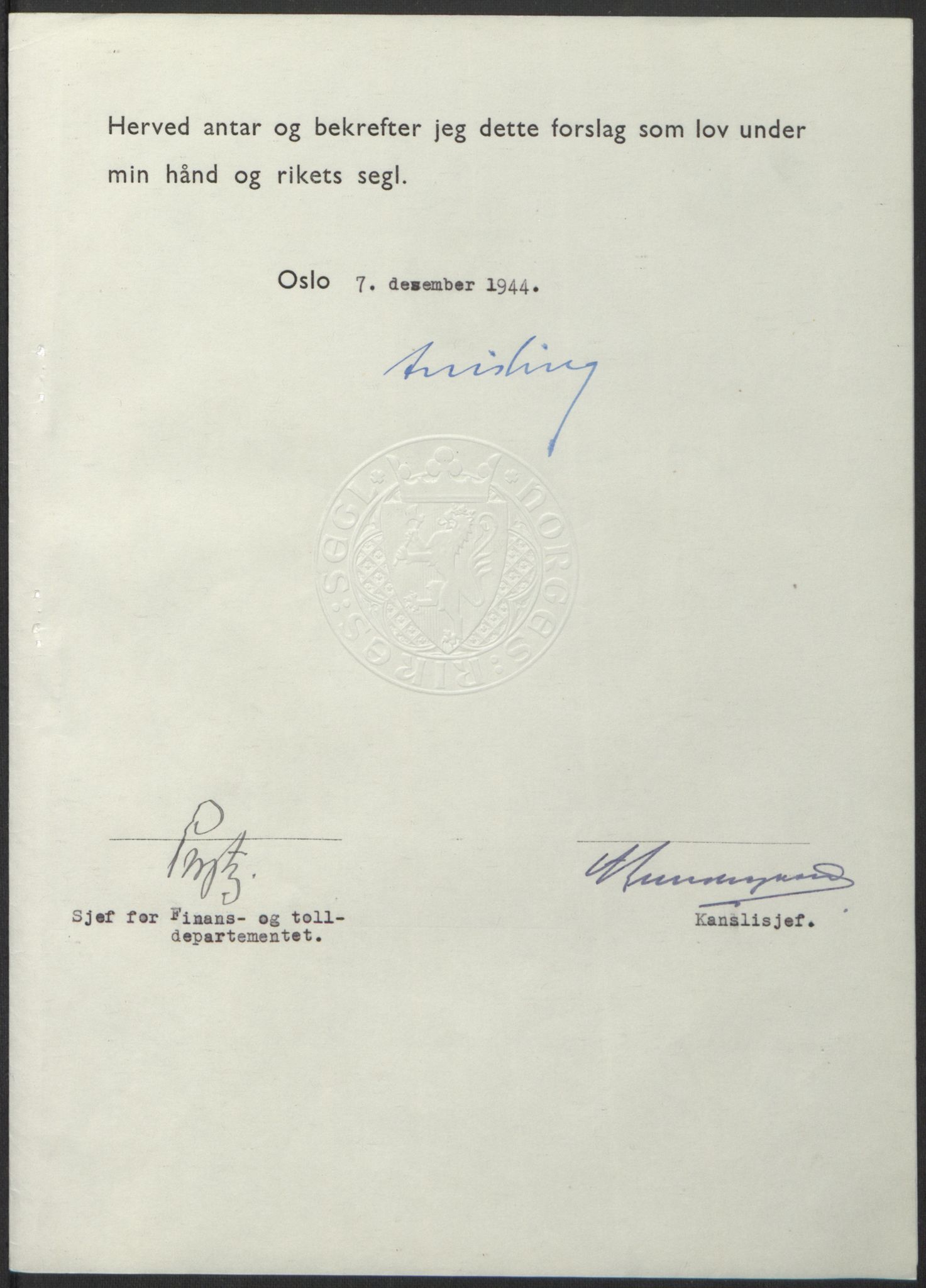 NS-administrasjonen 1940-1945 (Statsrådsekretariatet, de kommisariske statsråder mm), RA/S-4279/D/Db/L0100: Lover, 1944, s. 614