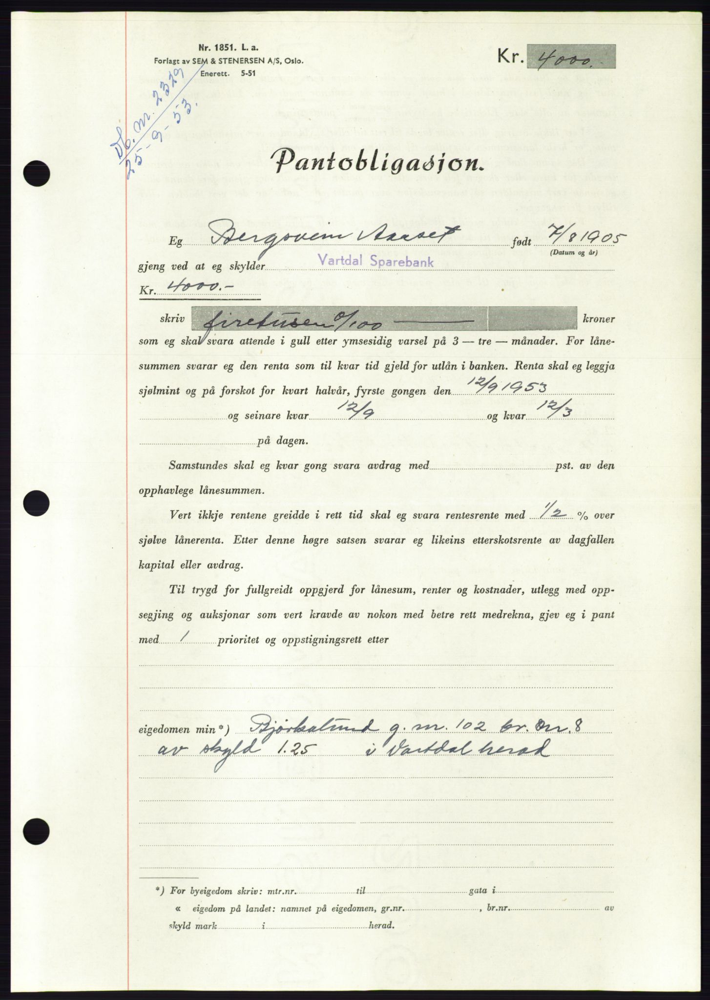 Søre Sunnmøre sorenskriveri, SAT/A-4122/1/2/2C/L0124: Pantebok nr. 12B, 1953-1954, Dagboknr: 2329/1953