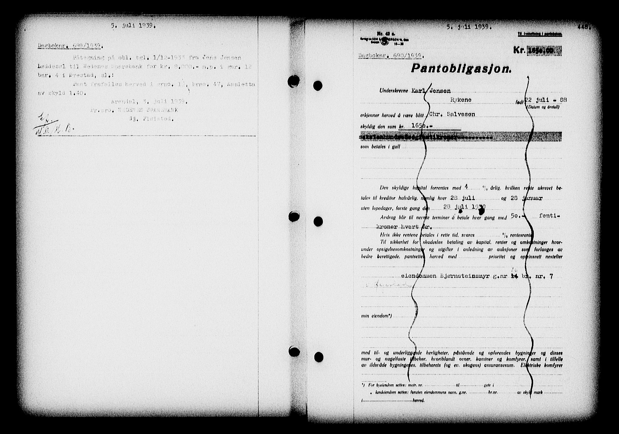 Nedenes sorenskriveri, SAK/1221-0006/G/Gb/Gba/L0046: Pantebok nr. 42, 1938-1939, Dagboknr: 690/1939