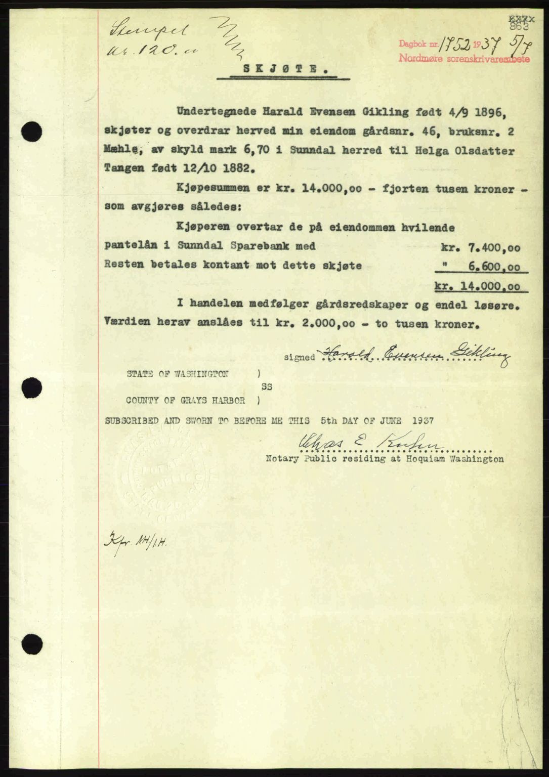 Nordmøre sorenskriveri, SAT/A-4132/1/2/2Ca: Pantebok nr. A81, 1937-1937, Dagboknr: 1752/1937