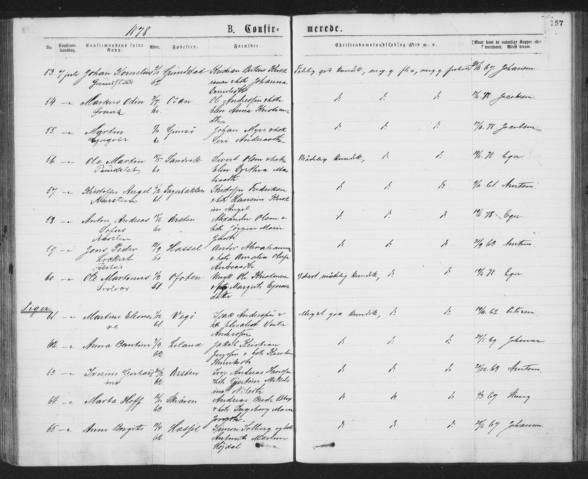 Ministerialprotokoller, klokkerbøker og fødselsregistre - Nordland, SAT/A-1459/874/L1058: Ministerialbok nr. 874A02, 1878-1883, s. 157