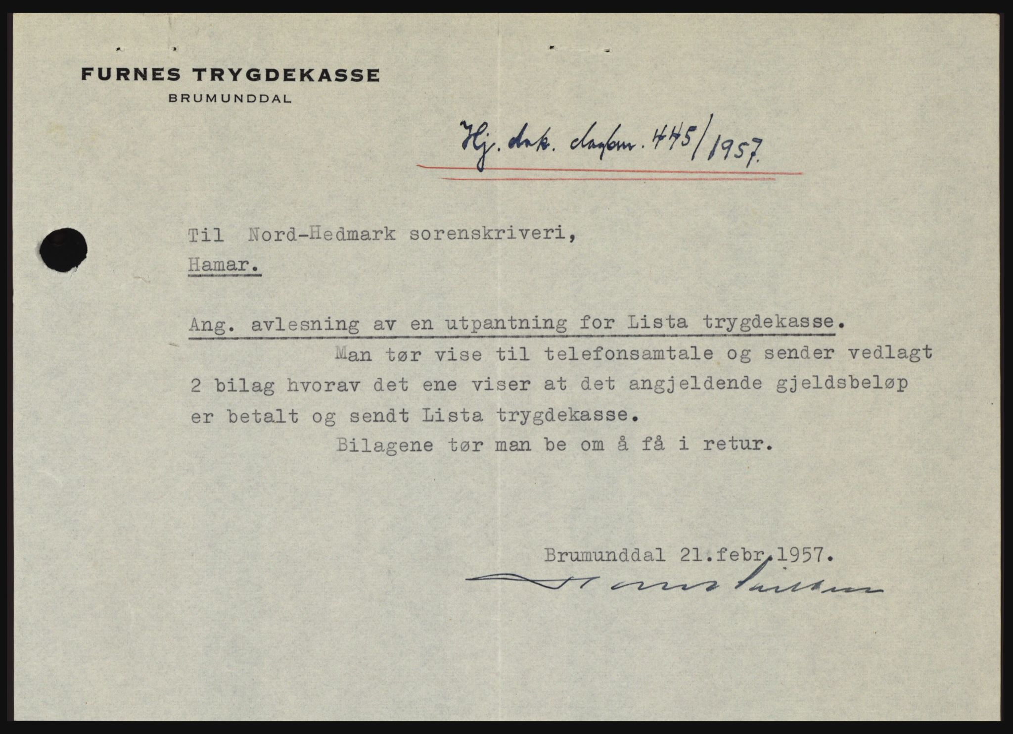 Nord-Hedmark sorenskriveri, SAH/TING-012/H/Hc/L0011: Pantebok nr. 11, 1956-1957, Dagboknr: 445/1957