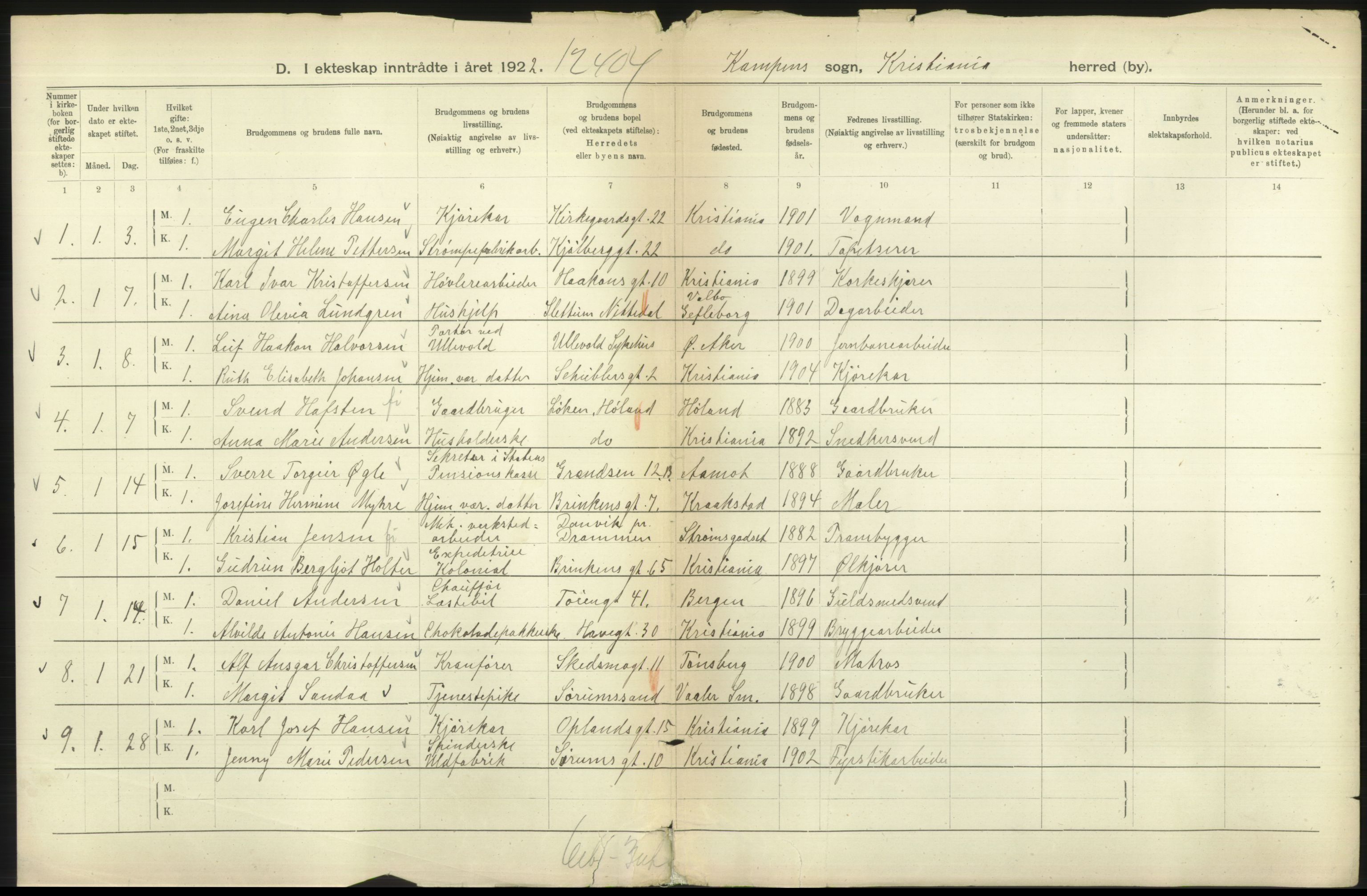 Statistisk sentralbyrå, Sosiodemografiske emner, Befolkning, AV/RA-S-2228/D/Df/Dfc/Dfcb/L0008: Kristiania: Gifte, 1922, s. 254