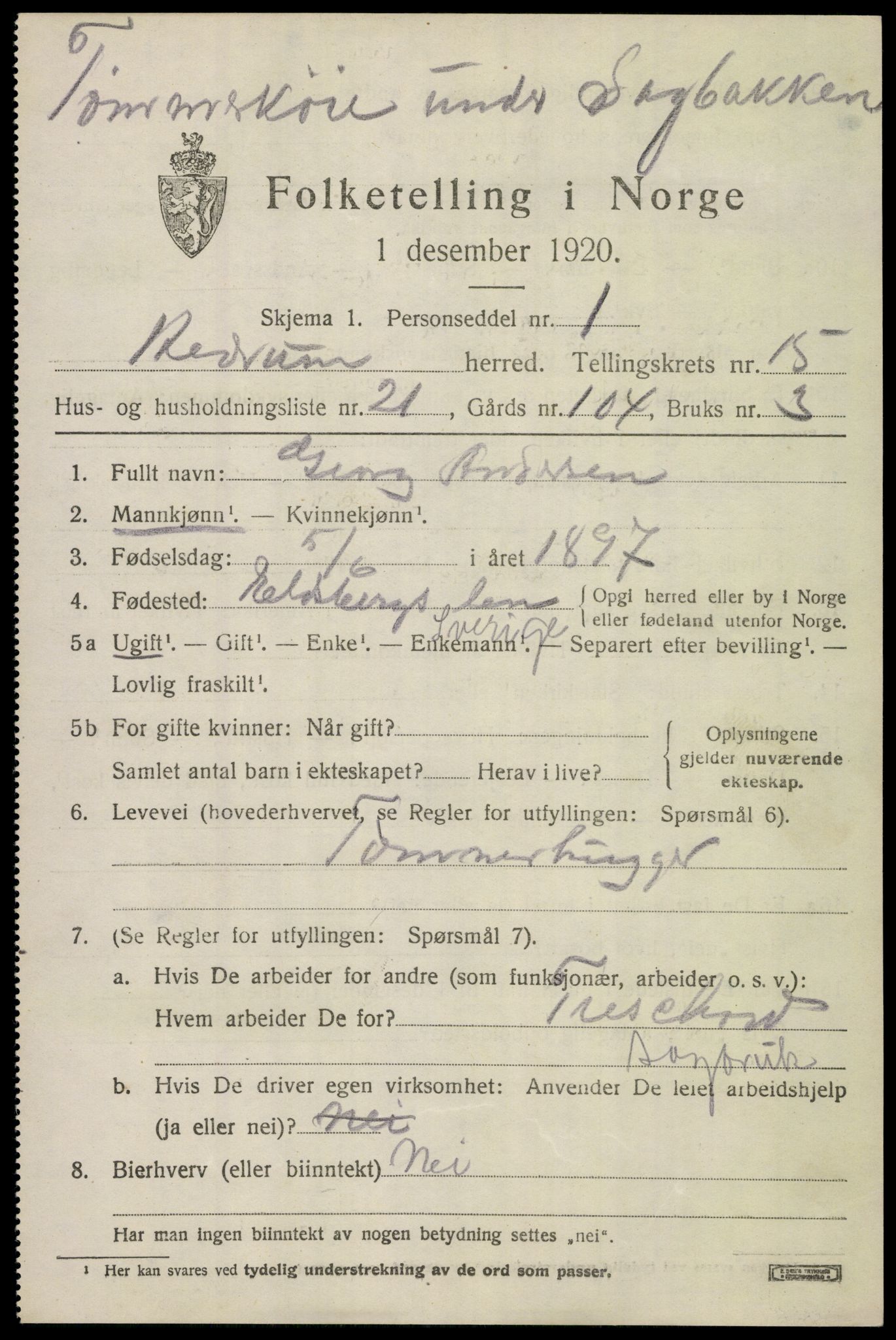 SAKO, Folketelling 1920 for 0727 Hedrum herred, 1920, s. 10185