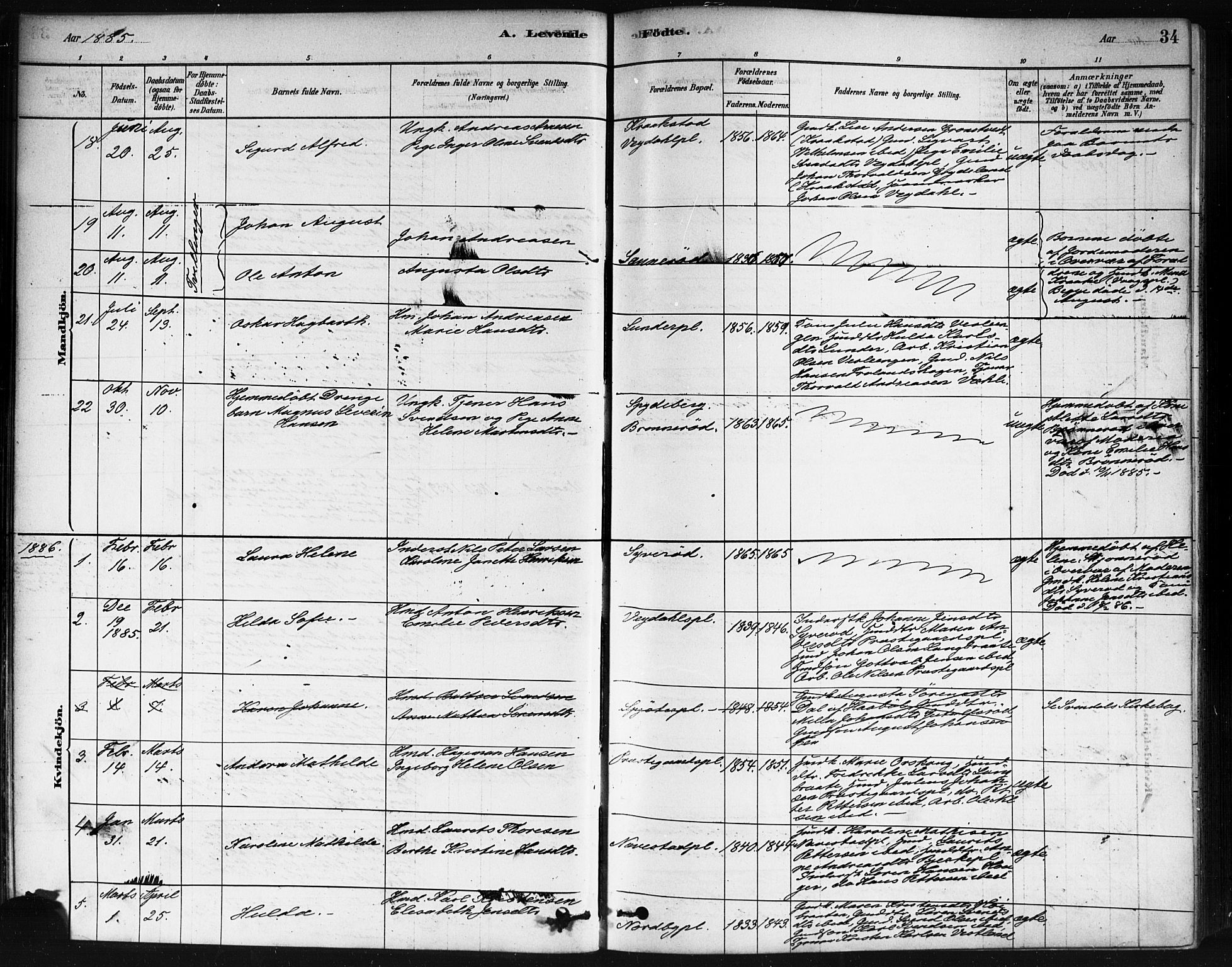 Våler prestekontor Kirkebøker, AV/SAO-A-11083/F/Fa/L0010: Ministerialbok nr. I 10, 1878-1896, s. 34