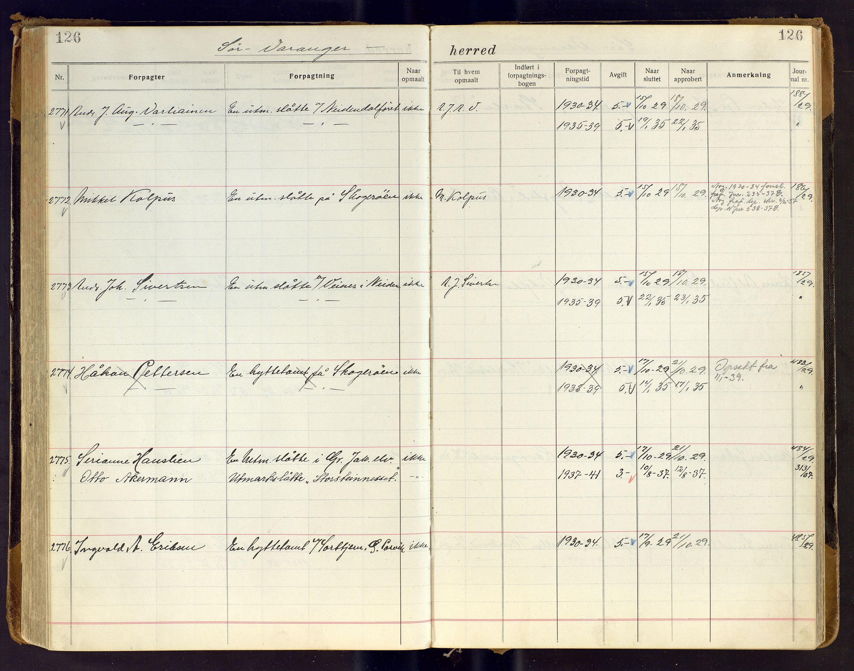 Finnmark jordsalgskommisjon/jordsalgskontor og Statskog SF Finnmark jordsalgskontor, AV/SATØ-S-1443/J/Ja/L0007: Forpaktningsbok for Finnmark III, 1913-1937, s. 126