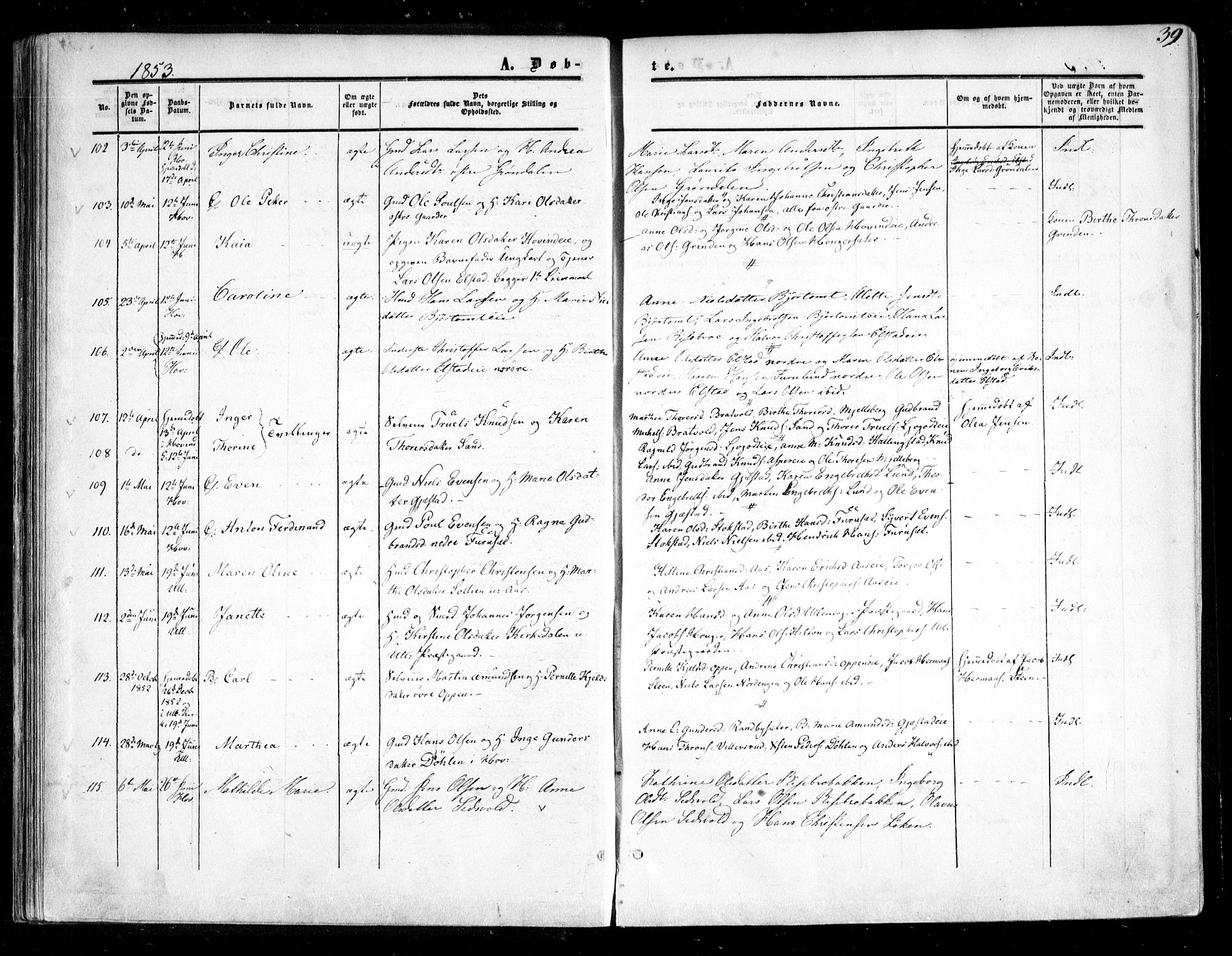Ullensaker prestekontor Kirkebøker, AV/SAO-A-10236a/F/Fa/L0015.a: Ministerialbok nr. I 15A, 1851-1862, s. 39