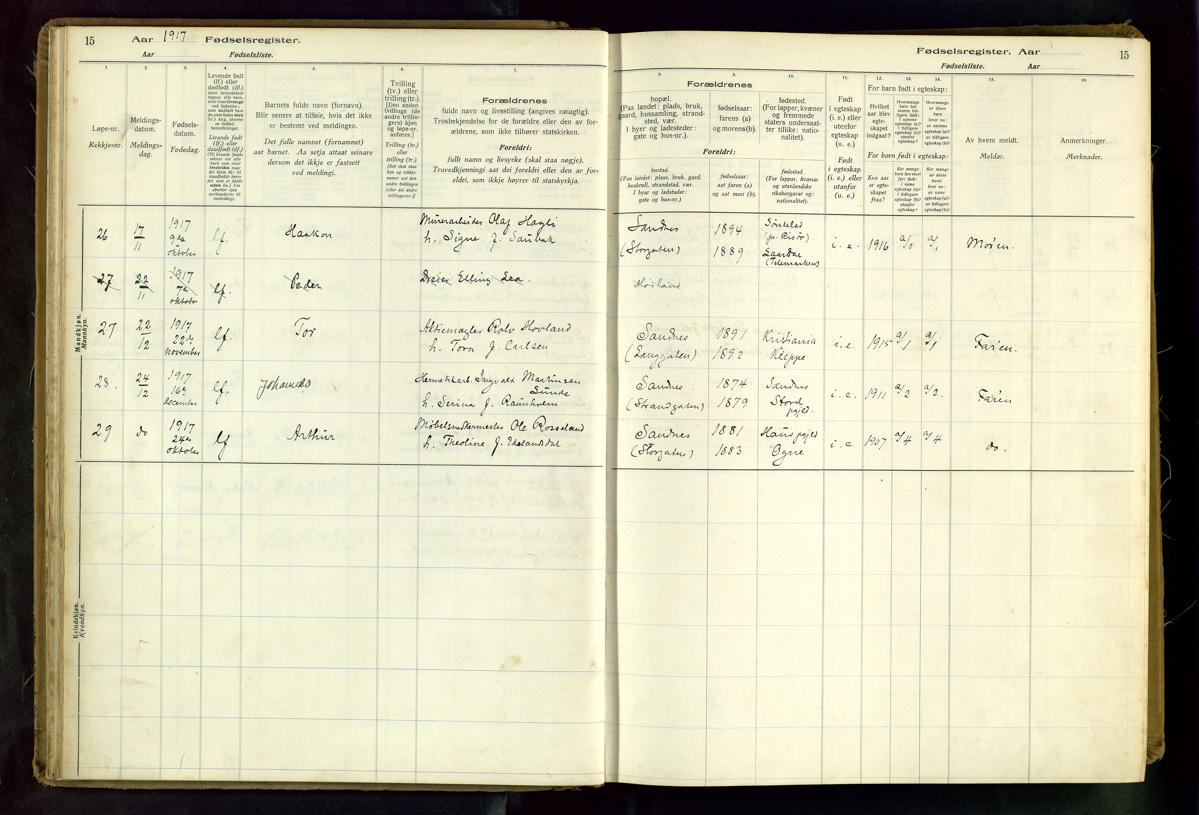Sandnes sokneprestkontor, SAST/A-101800/704BA/L0001: Fødselsregister nr. 1, 1916-1942, s. 15