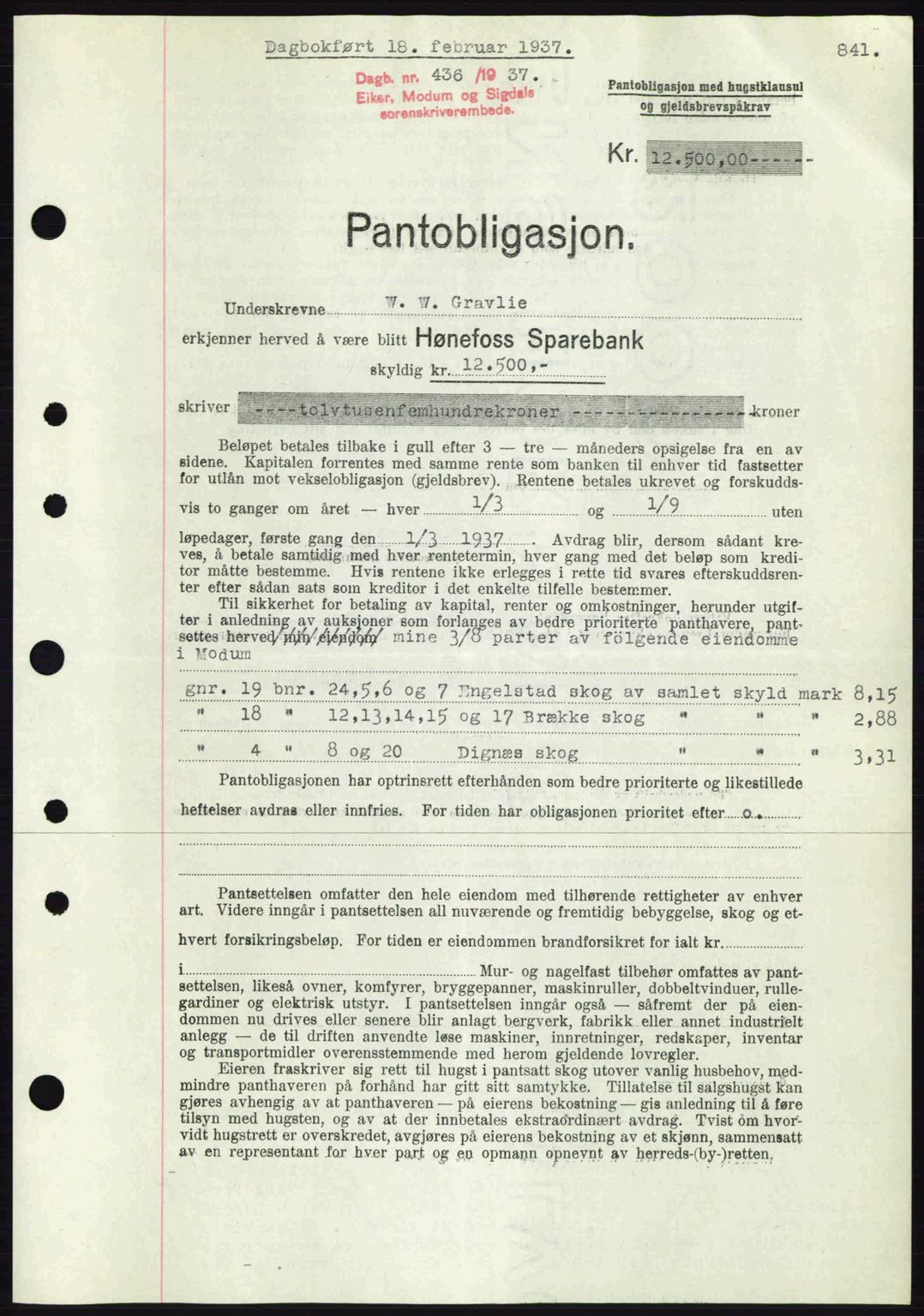 Eiker, Modum og Sigdal sorenskriveri, SAKO/A-123/G/Ga/Gab/L0034: Pantebok nr. A4, 1936-1937, Dagboknr: 436/1937