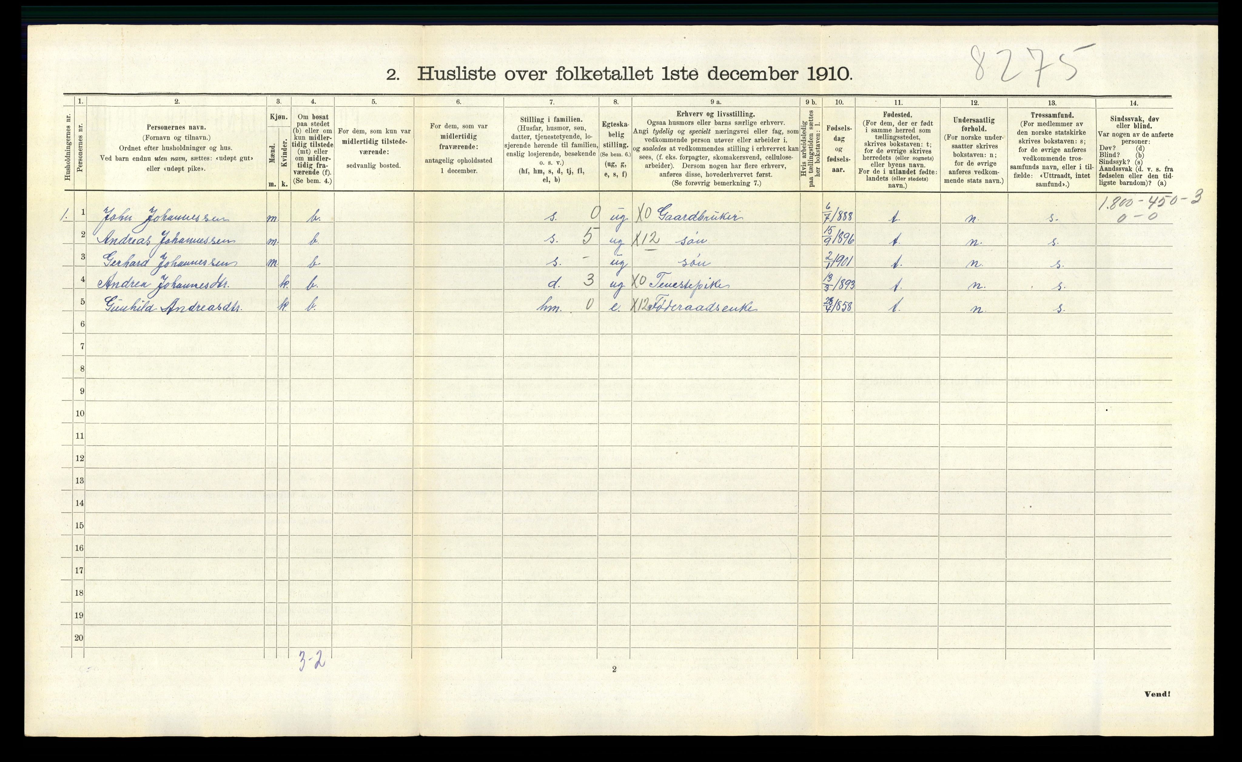 RA, Folketelling 1910 for 1036 Fjotland herred, 1910, s. 277