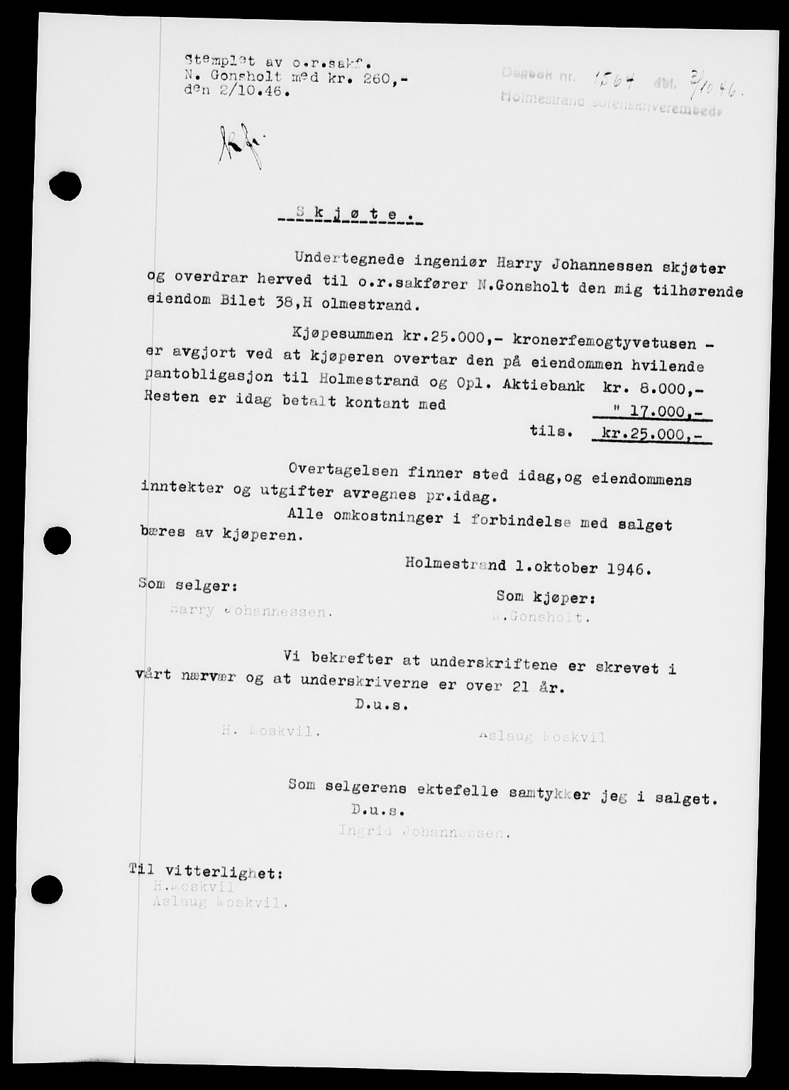 Holmestrand sorenskriveri, SAKO/A-67/G/Ga/Gaa/L0061: Pantebok nr. A-61, 1946-1947, Dagboknr: 1564/1946