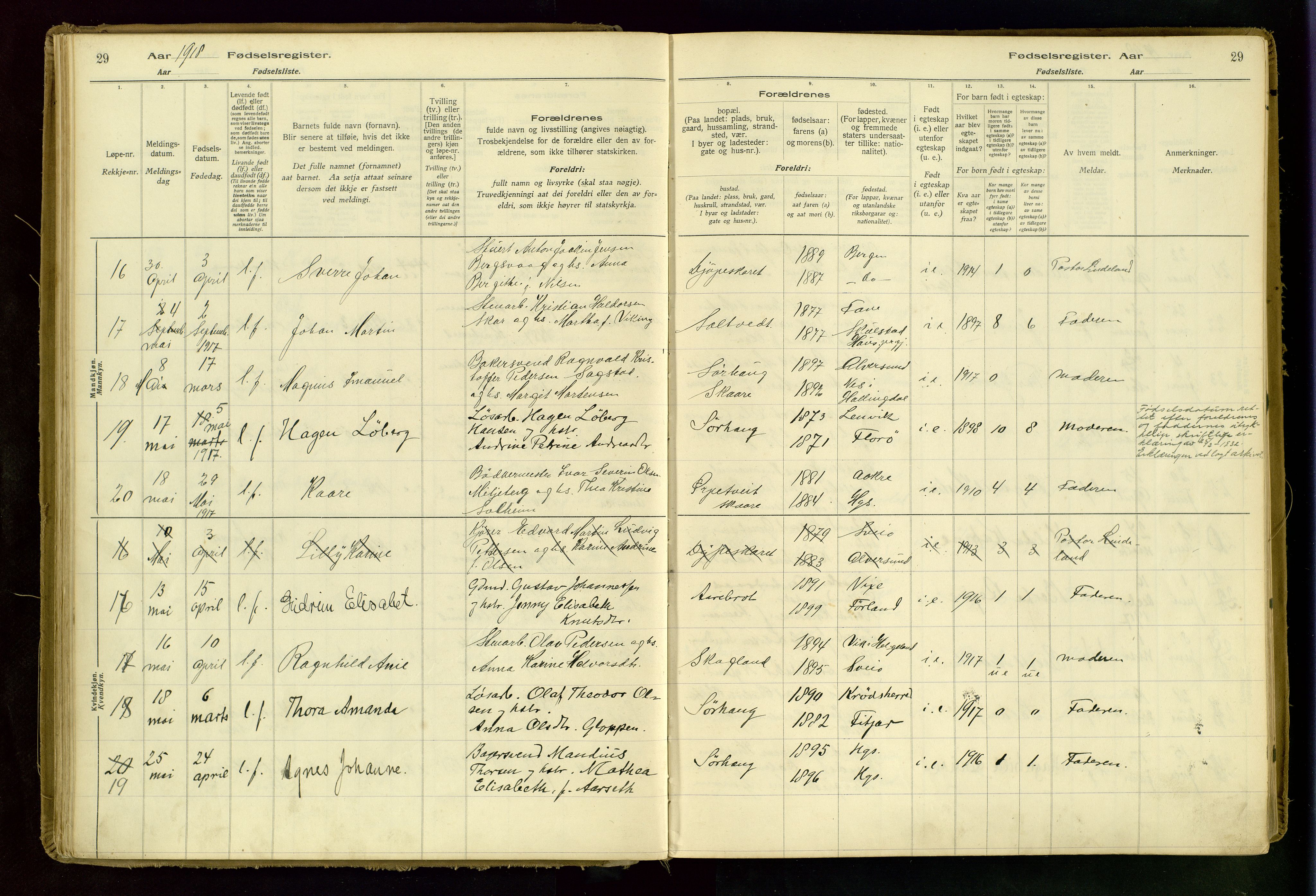 Haugesund sokneprestkontor, AV/SAST-A -101863/I/Id/L0001: Fødselsregister nr. 1, 1916-1935, s. 29