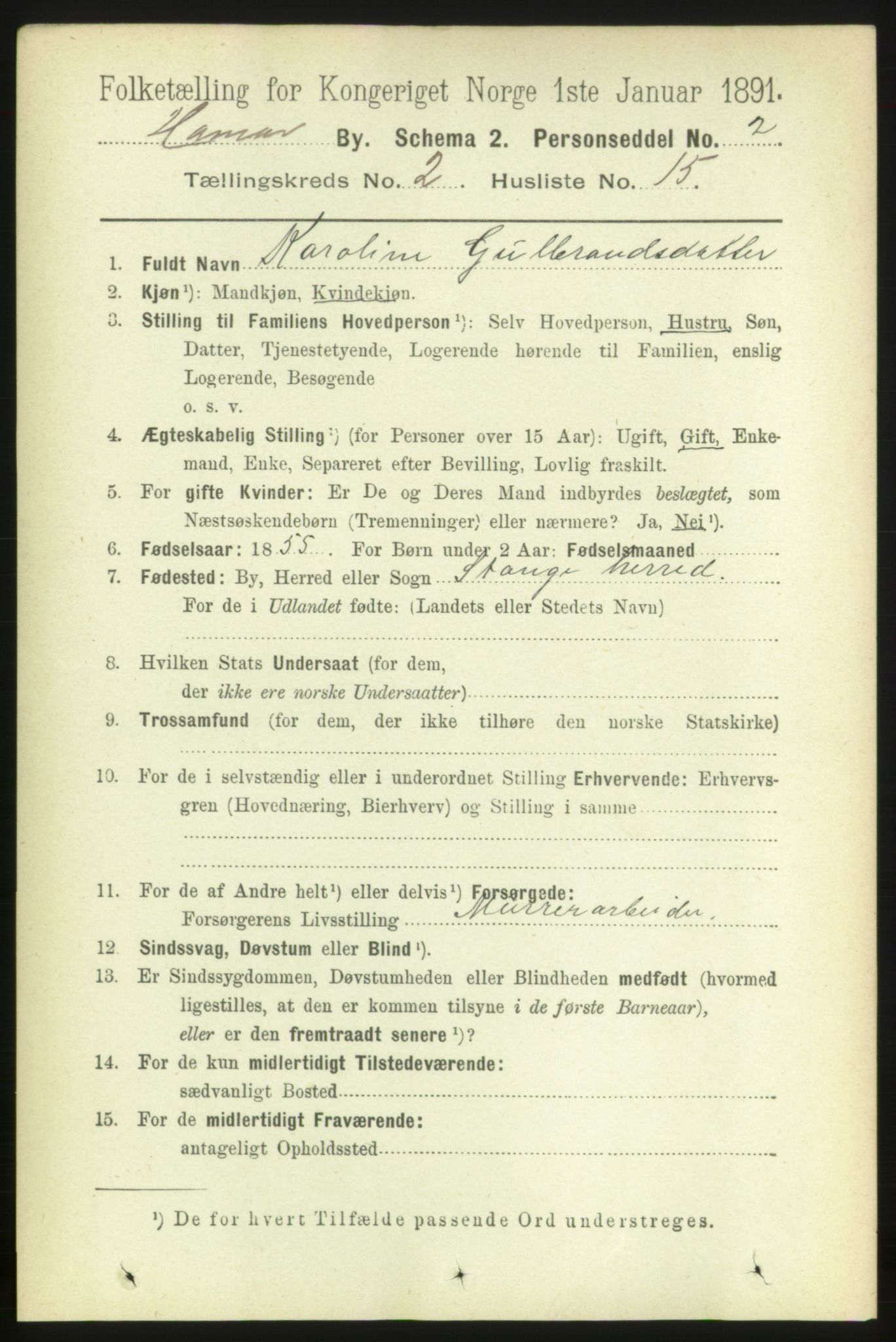 RA, Folketelling 1891 for 0401 Hamar kjøpstad, 1891, s. 1191