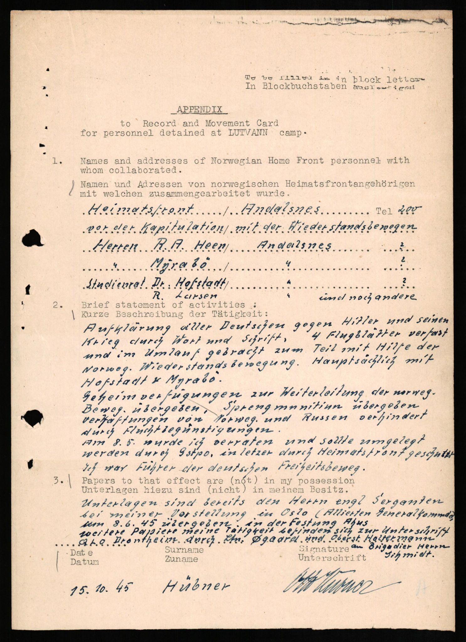 Forsvaret, Forsvarets overkommando II, AV/RA-RAFA-3915/D/Db/L0014: CI Questionaires. Tyske okkupasjonsstyrker i Norge. Tyskere., 1945-1946, s. 208