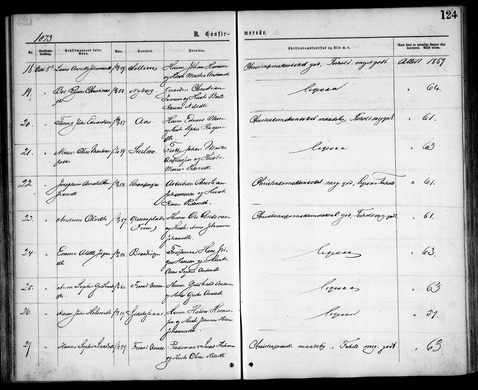 Nesodden prestekontor Kirkebøker, SAO/A-10013/F/Fa/L0008: Ministerialbok nr. I 8, 1869-1879, s. 124