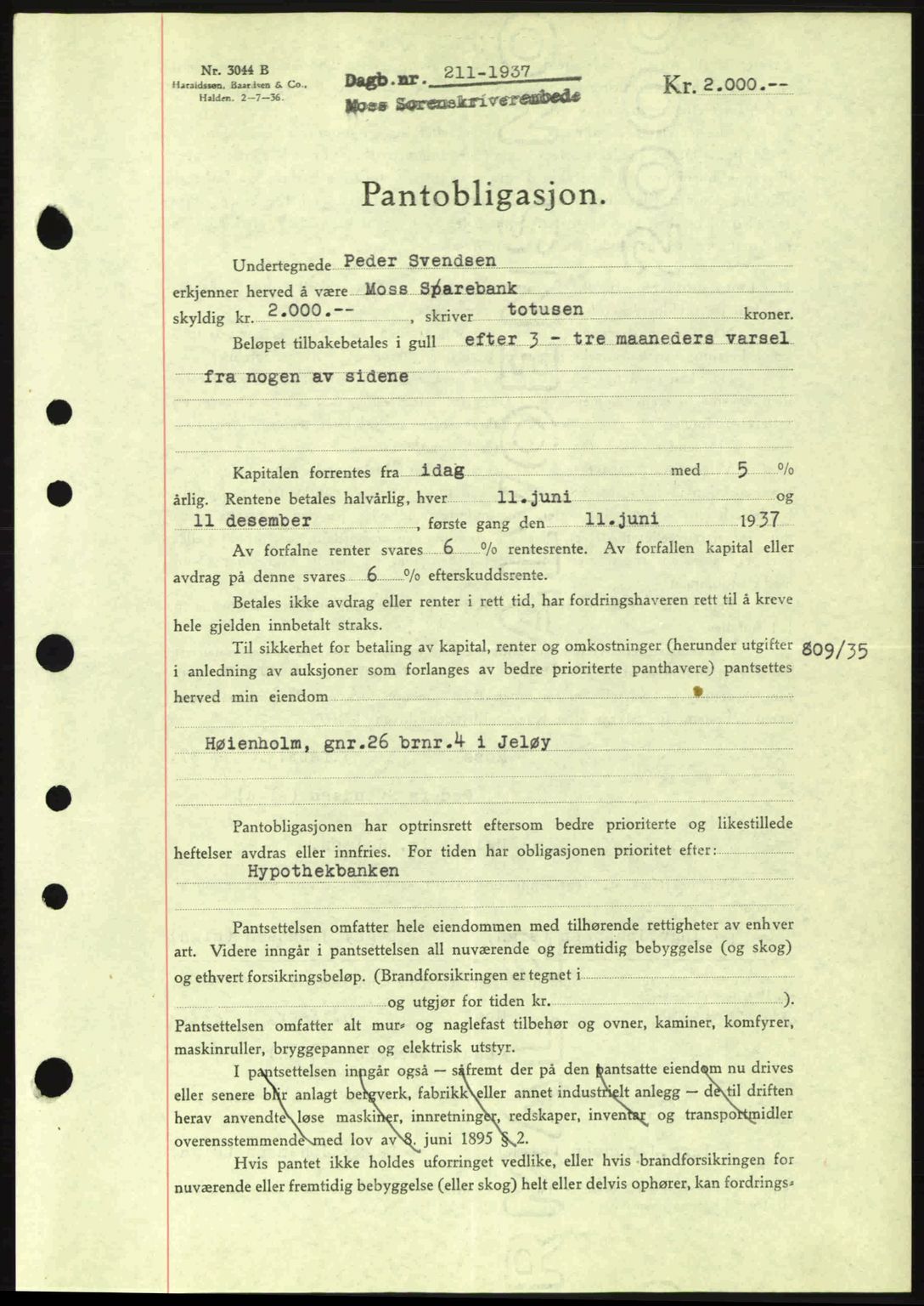 Moss sorenskriveri, SAO/A-10168: Pantebok nr. B3, 1937-1937, Dagboknr: 211/1937