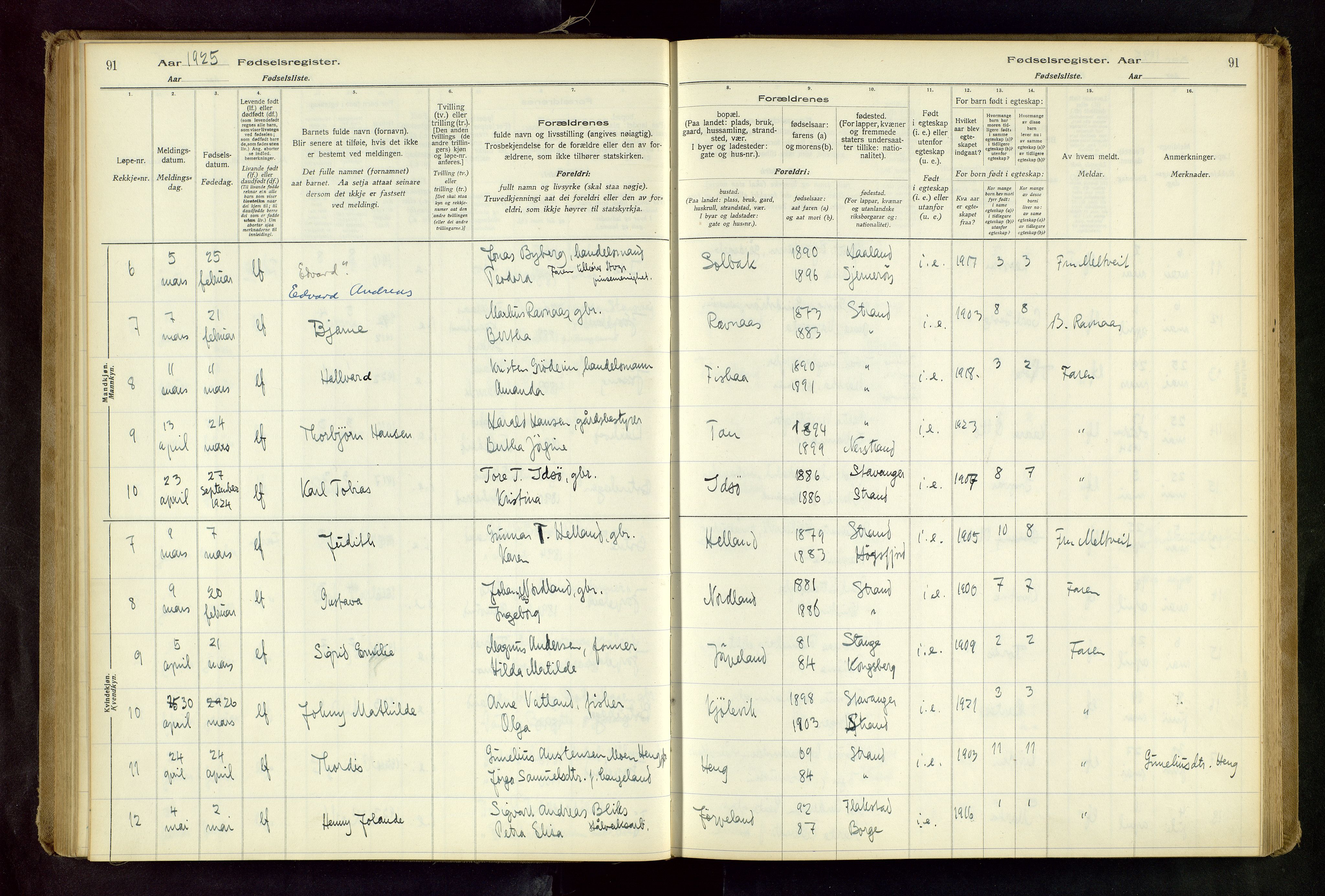 Strand sokneprestkontor, SAST/A-101828/I/Id/L0001: Fødselsregister nr. 1, 1916-1938, s. 91
