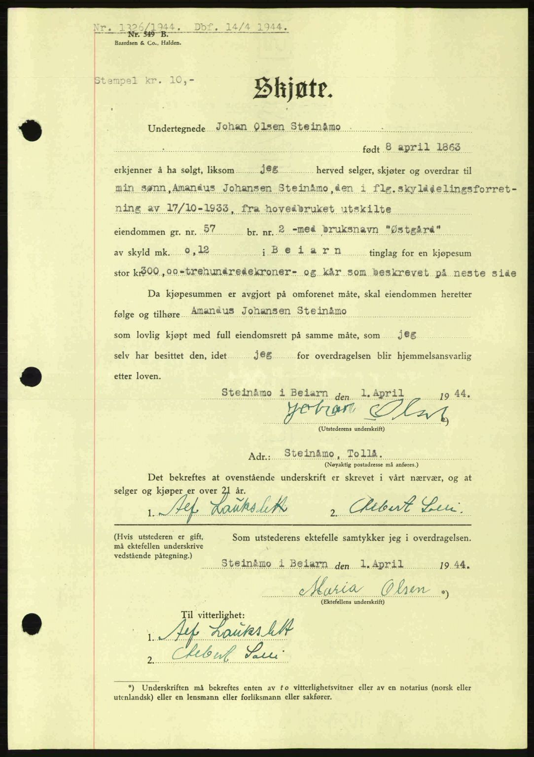 Salten sorenskriveri, SAT/A-4578/1/2/2C: Pantebok nr. A14-15, 1943-1945, Dagboknr: 1326/1944