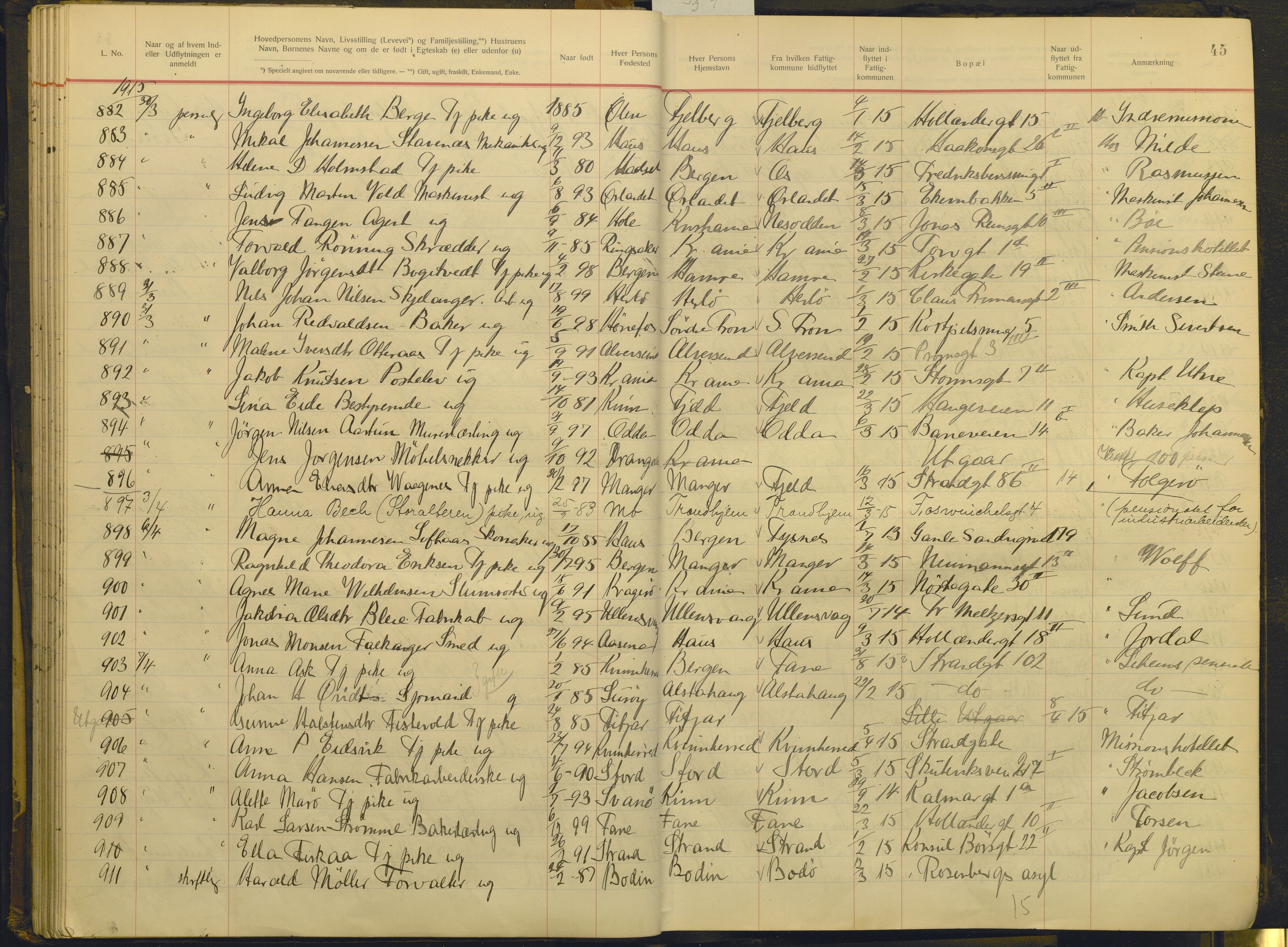 Bergen politikammer / politidistrikt, AV/SAB-A-60401/J.g/L0009: Protokoll over innflyttede, 1914-1917, s. 45
