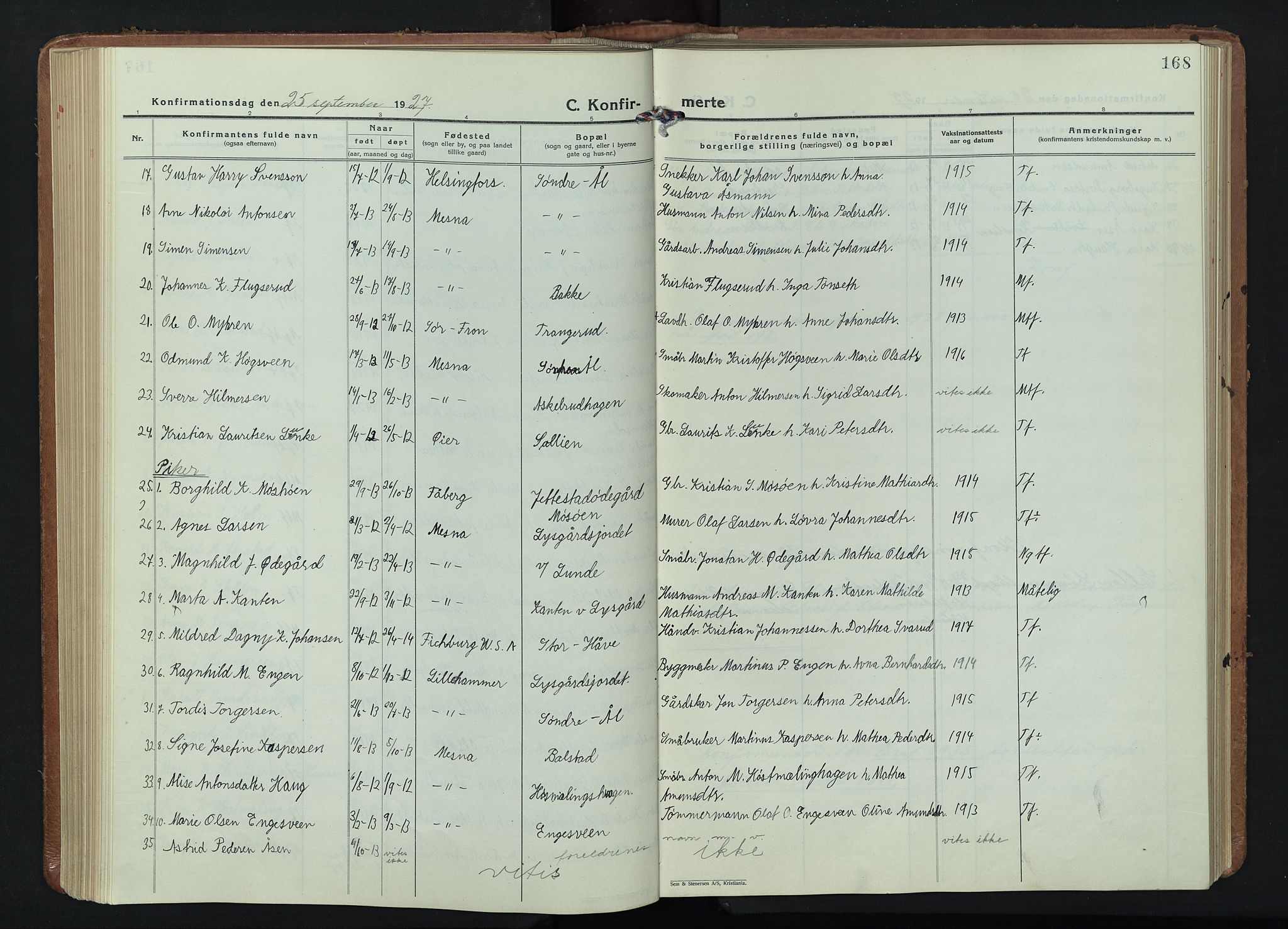 Fåberg prestekontor, AV/SAH-PREST-086/H/Ha/Hab/L0015: Klokkerbok nr. 15, 1924-1949, s. 168