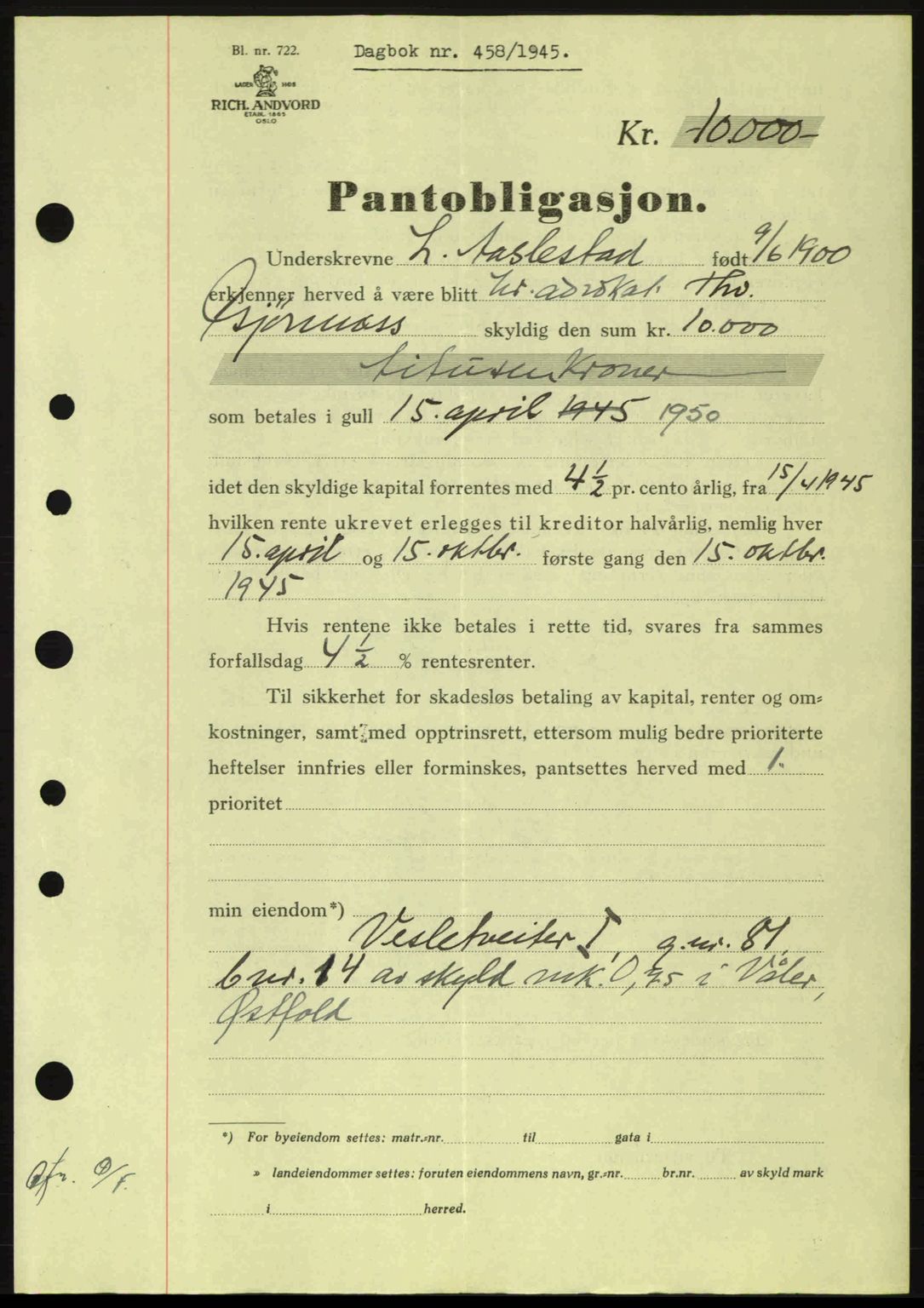 Moss sorenskriveri, SAO/A-10168: Pantebok nr. B13, 1943-1945, Dagboknr: 458/1945