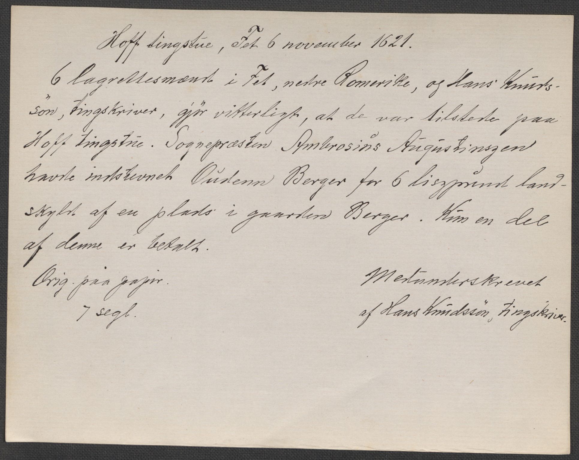 Riksarkivets diplomsamling, RA/EA-5965/F15/L0009: Prestearkiv - Akershus, 1620-1738, s. 42