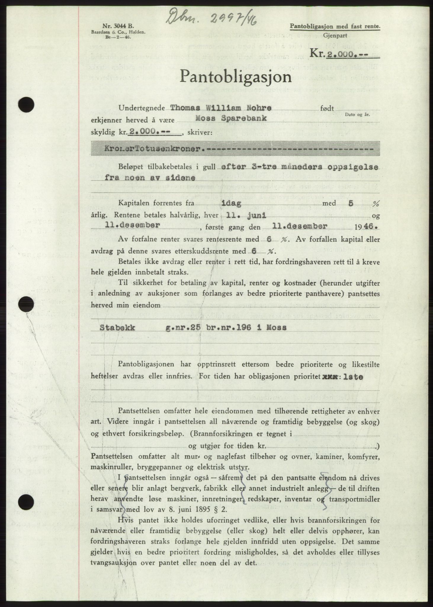 Moss sorenskriveri, SAO/A-10168: Pantebok nr. B16, 1946-1947, Dagboknr: 2997/1946