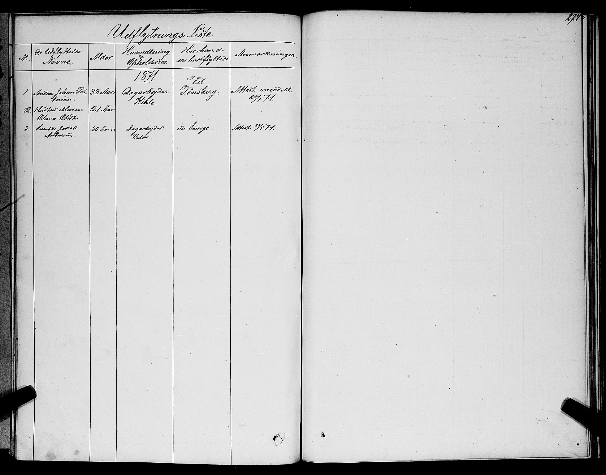 Ramnes kirkebøker, AV/SAKO-A-314/G/Ga/L0003: Klokkerbok nr. I 3, 1870-1896, s. 274