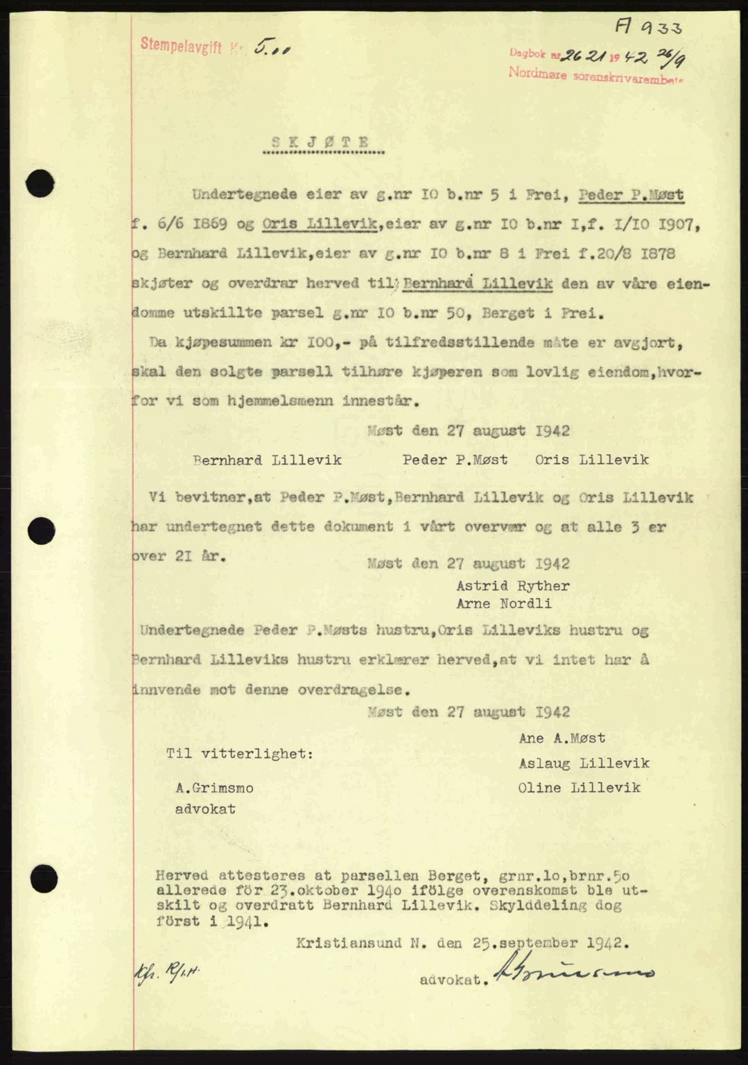 Nordmøre sorenskriveri, SAT/A-4132/1/2/2Ca: Pantebok nr. A93, 1942-1942, Dagboknr: 2621/1942