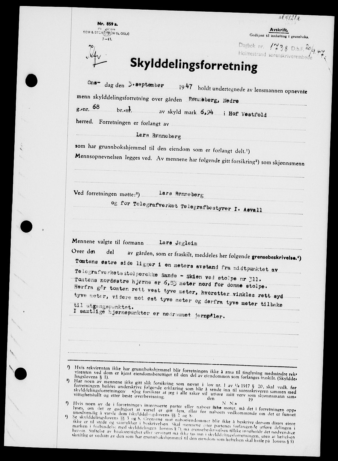 Holmestrand sorenskriveri, SAKO/A-67/G/Ga/Gaa/L0062: Pantebok nr. A-62, 1947-1947, Dagboknr: 1738/1947