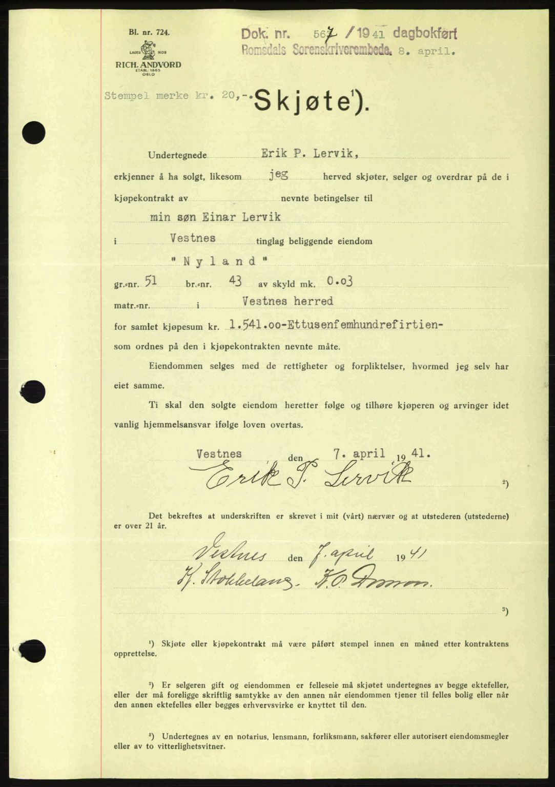 Romsdal sorenskriveri, SAT/A-4149/1/2/2C: Pantebok nr. A9, 1940-1941, Dagboknr: 567/1941