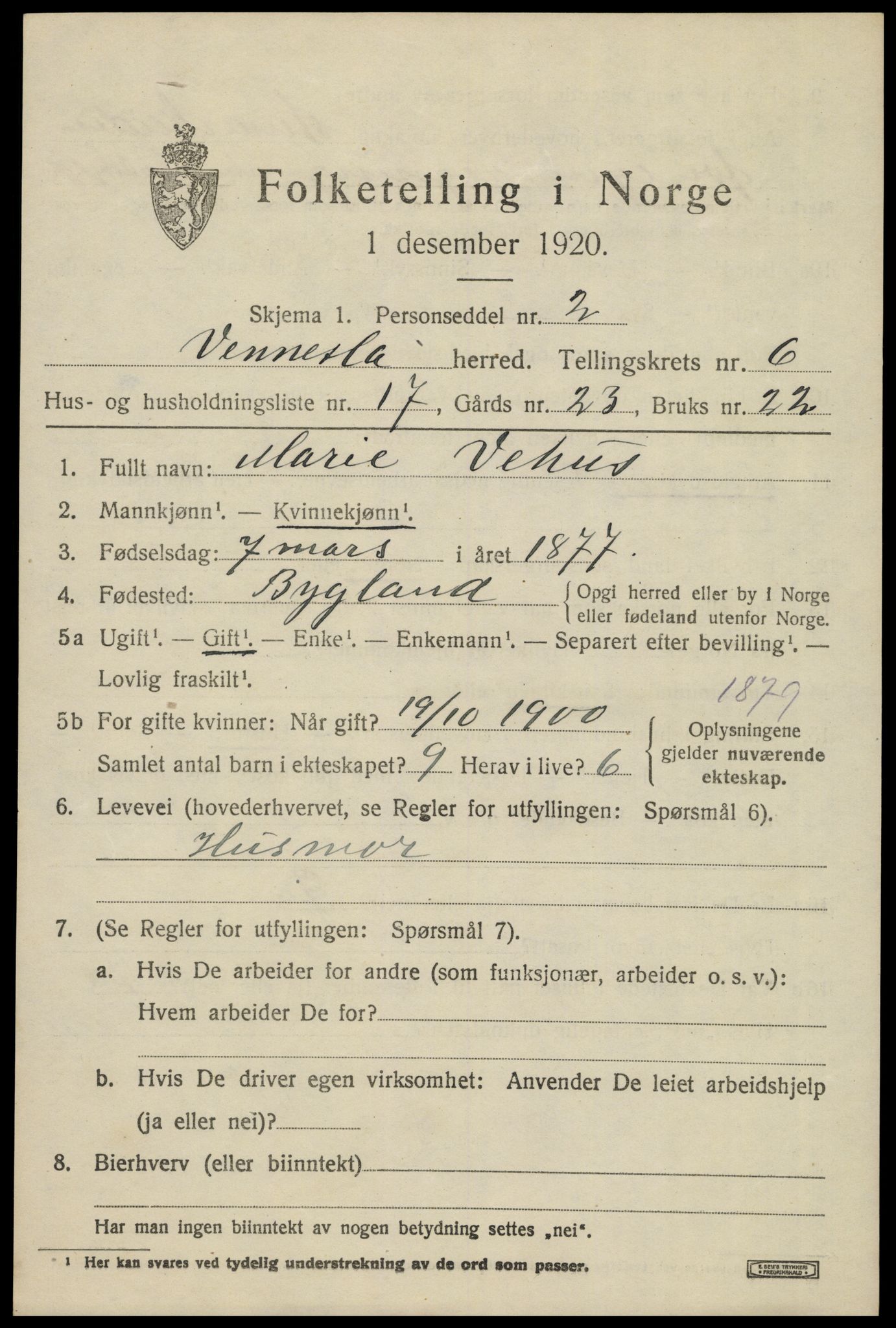 SAK, Folketelling 1920 for 1014 Vennesla herred, 1920, s. 4506