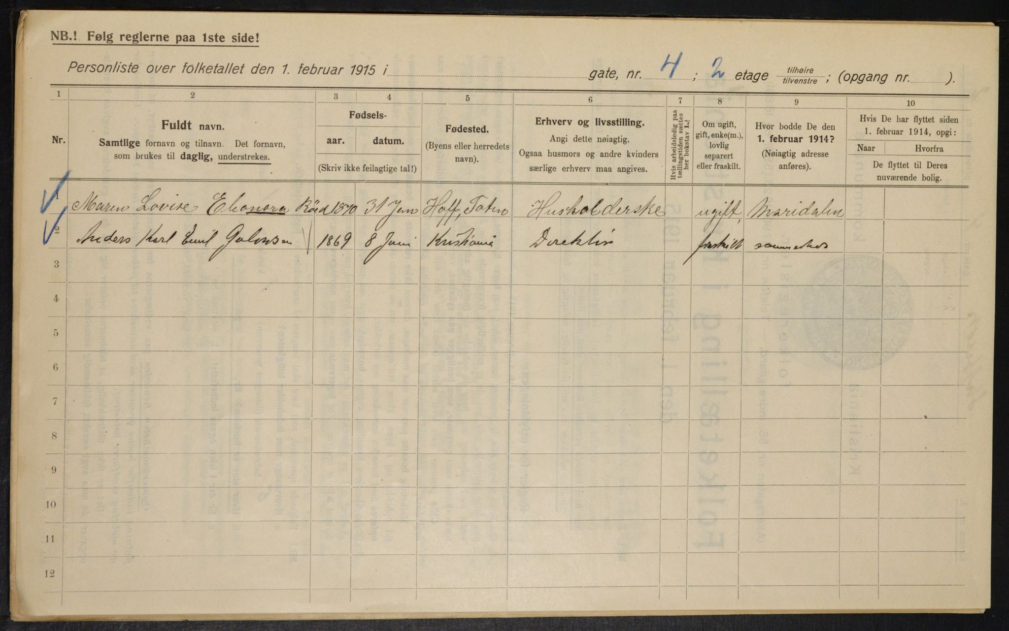 OBA, Kommunal folketelling 1.2.1915 for Kristiania, 1915, s. 100567