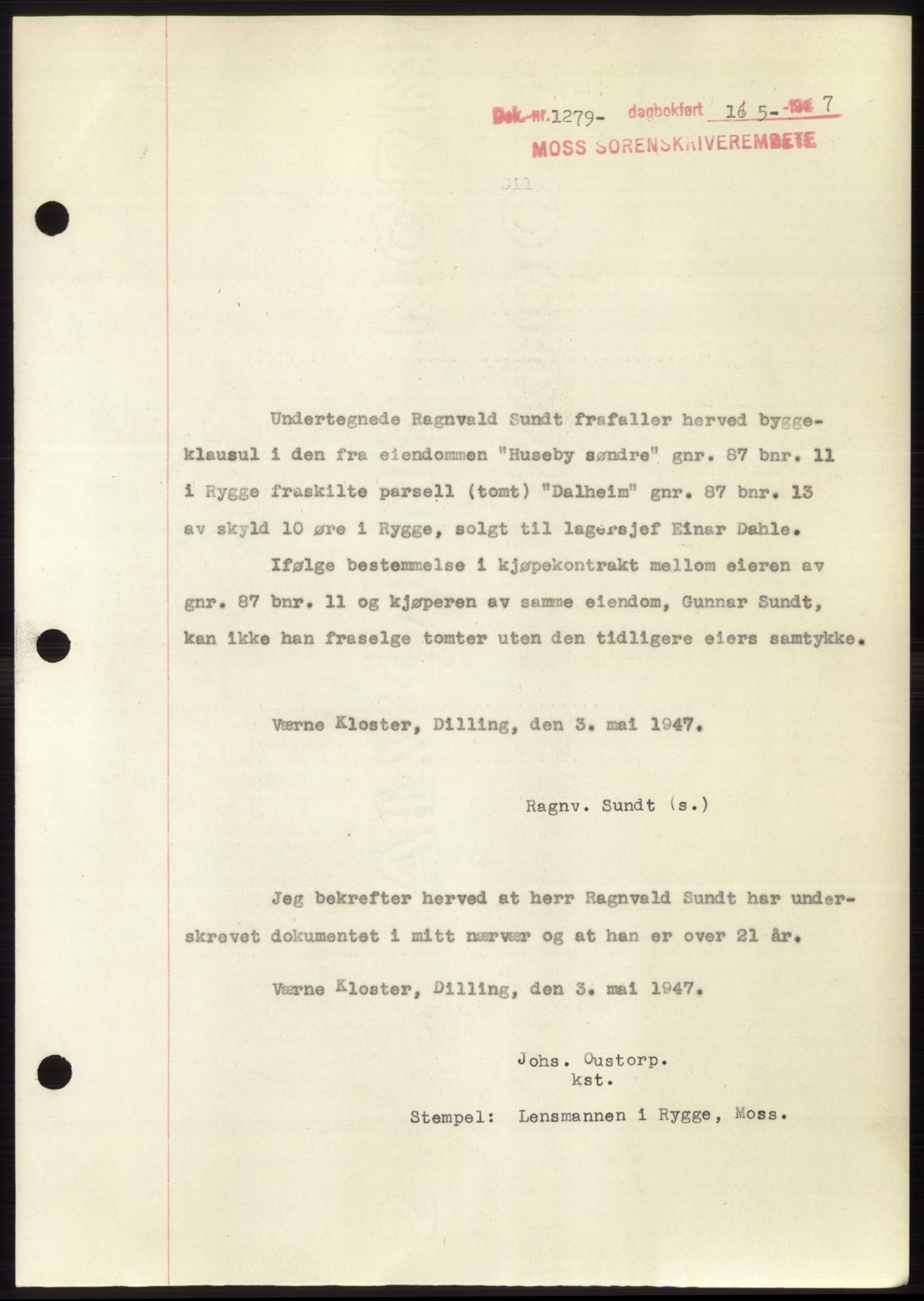 Moss sorenskriveri, SAO/A-10168: Pantebok nr. B17, 1947-1947, Dagboknr: 1279/1947