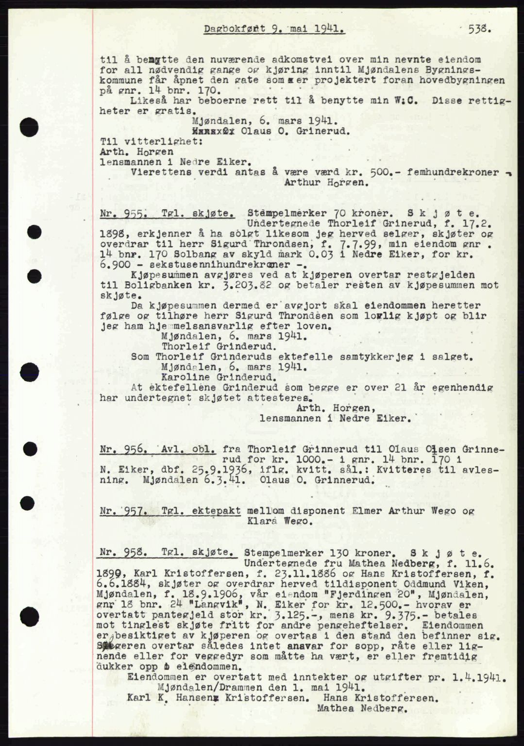 Eiker, Modum og Sigdal sorenskriveri, SAKO/A-123/G/Ga/Gab/L0043: Pantebok nr. A13, 1940-1941, Dagboknr: 955/1941