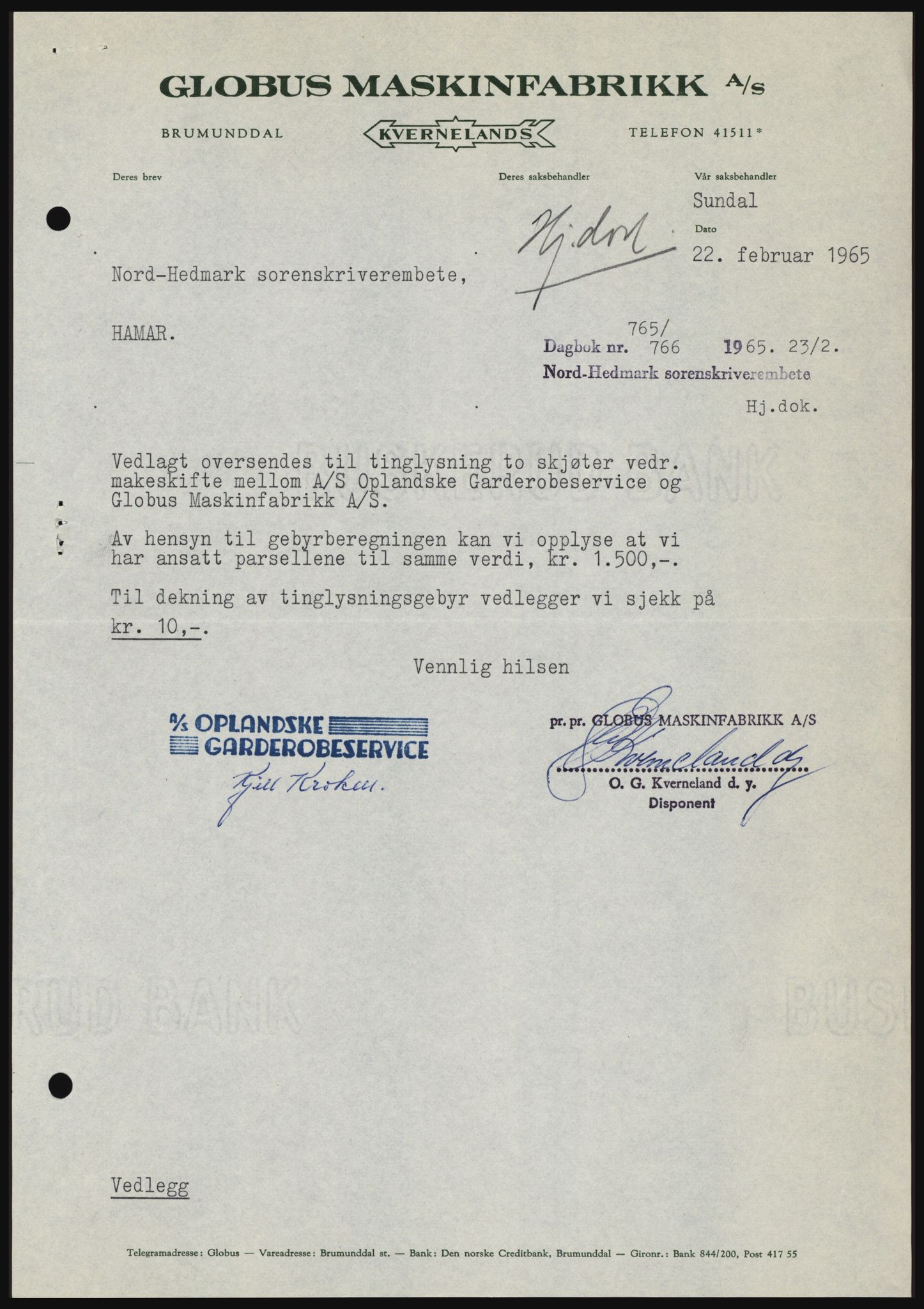Nord-Hedmark sorenskriveri, SAH/TING-012/H/Hc/L0021: Pantebok nr. 21, 1964-1965, Dagboknr: 765/1965