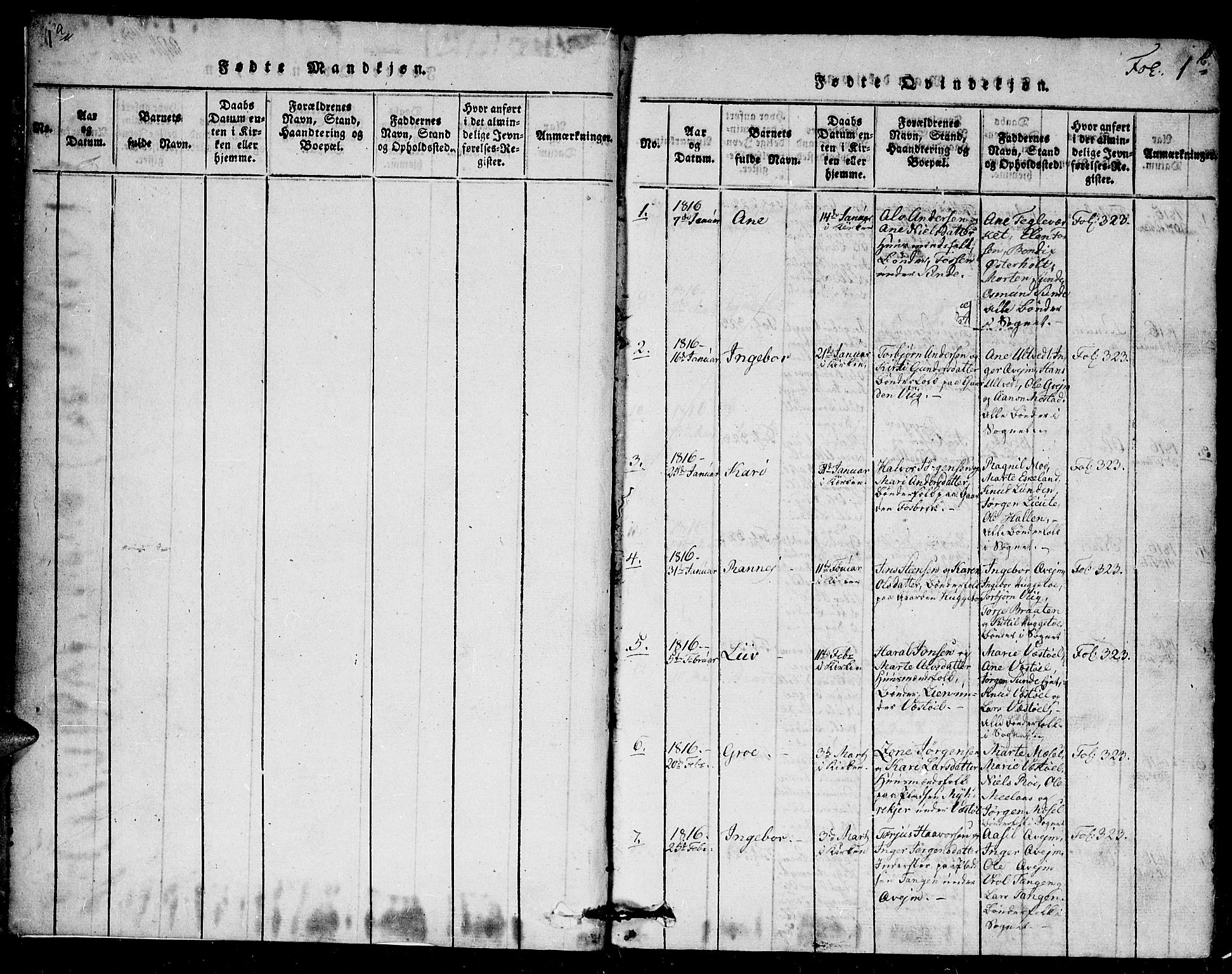 Gjerstad sokneprestkontor, SAK/1111-0014/F/Fb/Fba/L0002: Klokkerbok nr. B 2, 1816-1845, s. 1