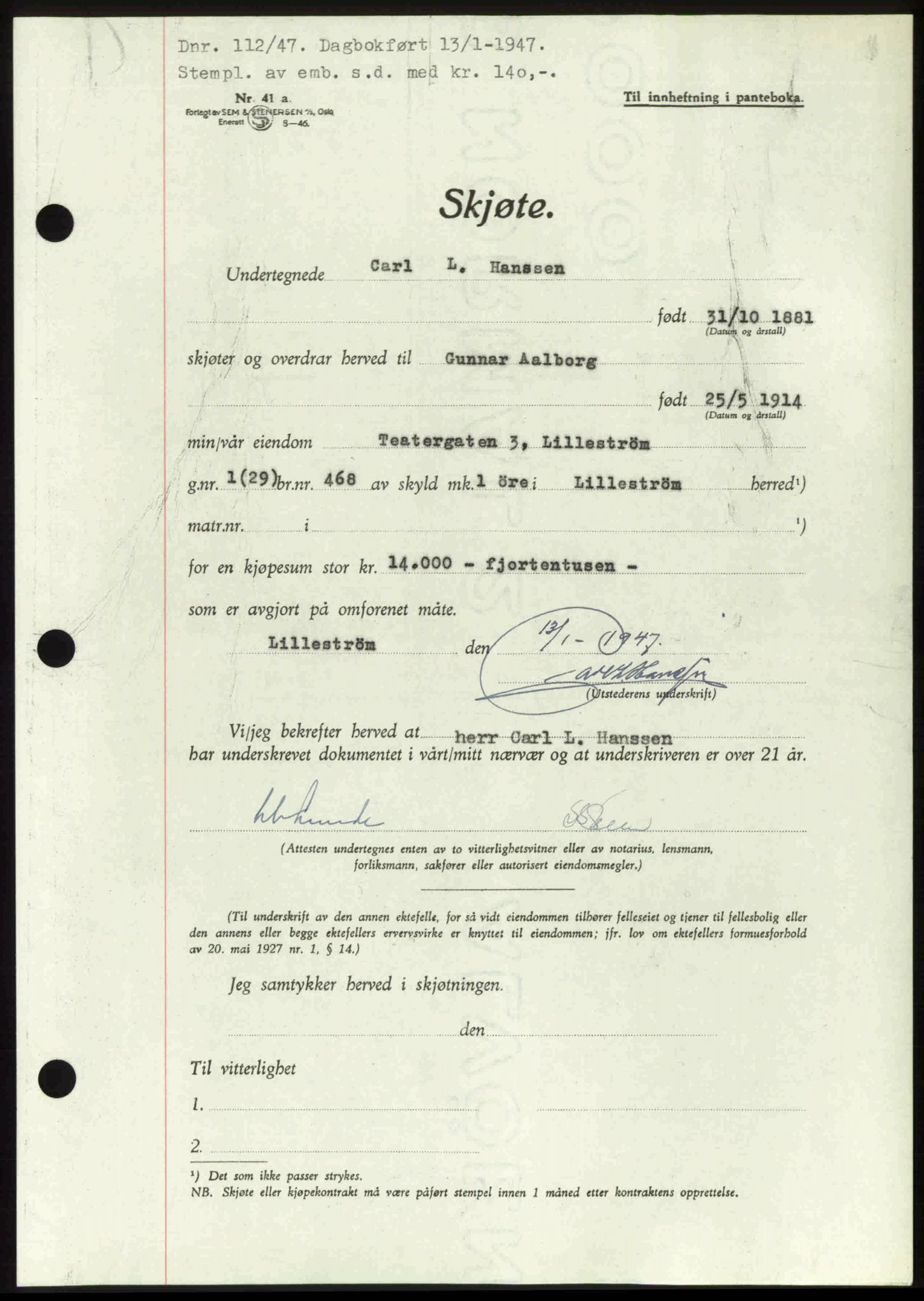 Nedre Romerike sorenskriveri, AV/SAO-A-10469/G/Gb/Gbd/L0018: Pantebok nr. 18, 1947-1947, Dagboknr: 112/1947