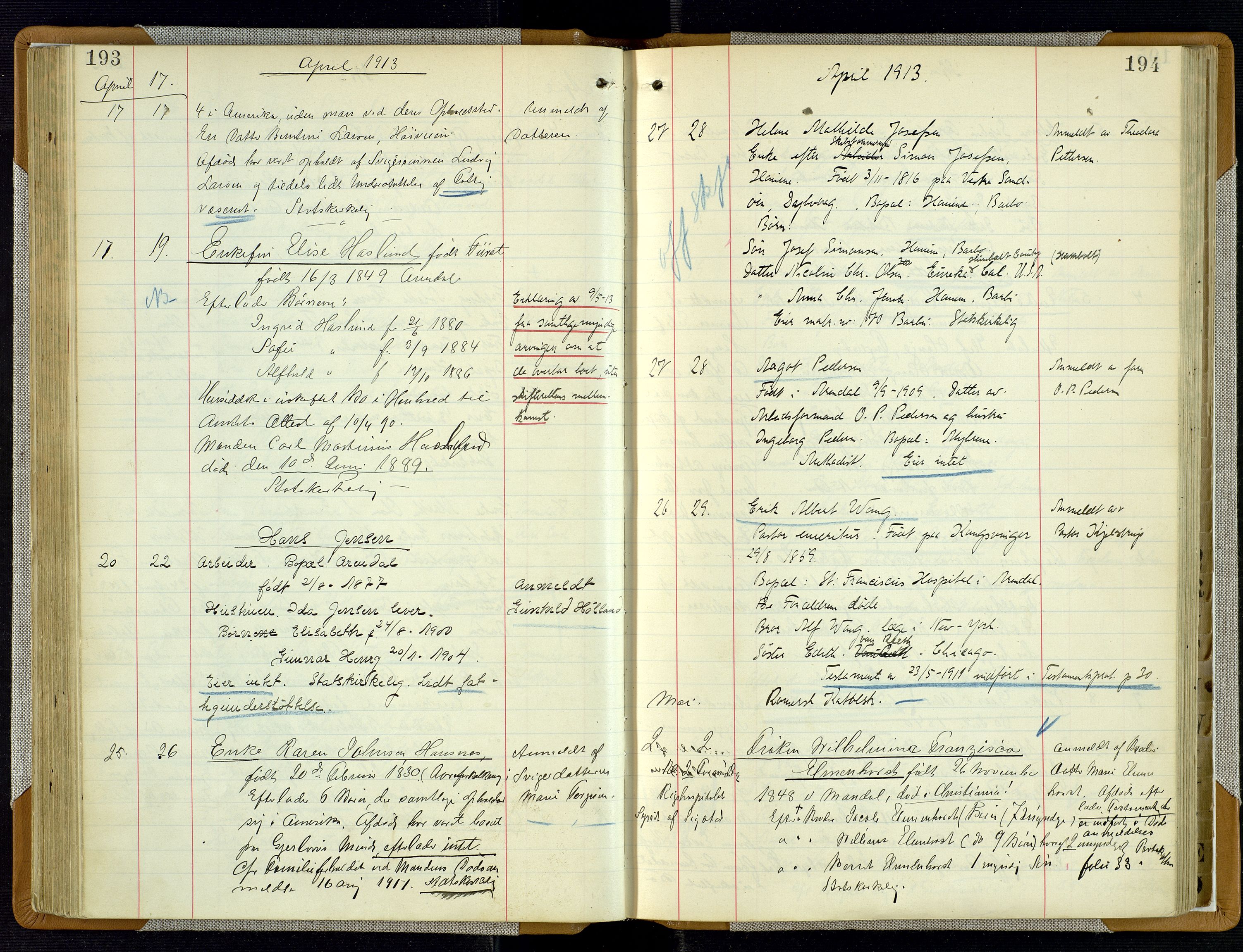 Arendal byfogd, AV/SAK-1222-0001/H/Ha/L0003: Dødsfallsprotokoll, 1908-1917, s. 193-194
