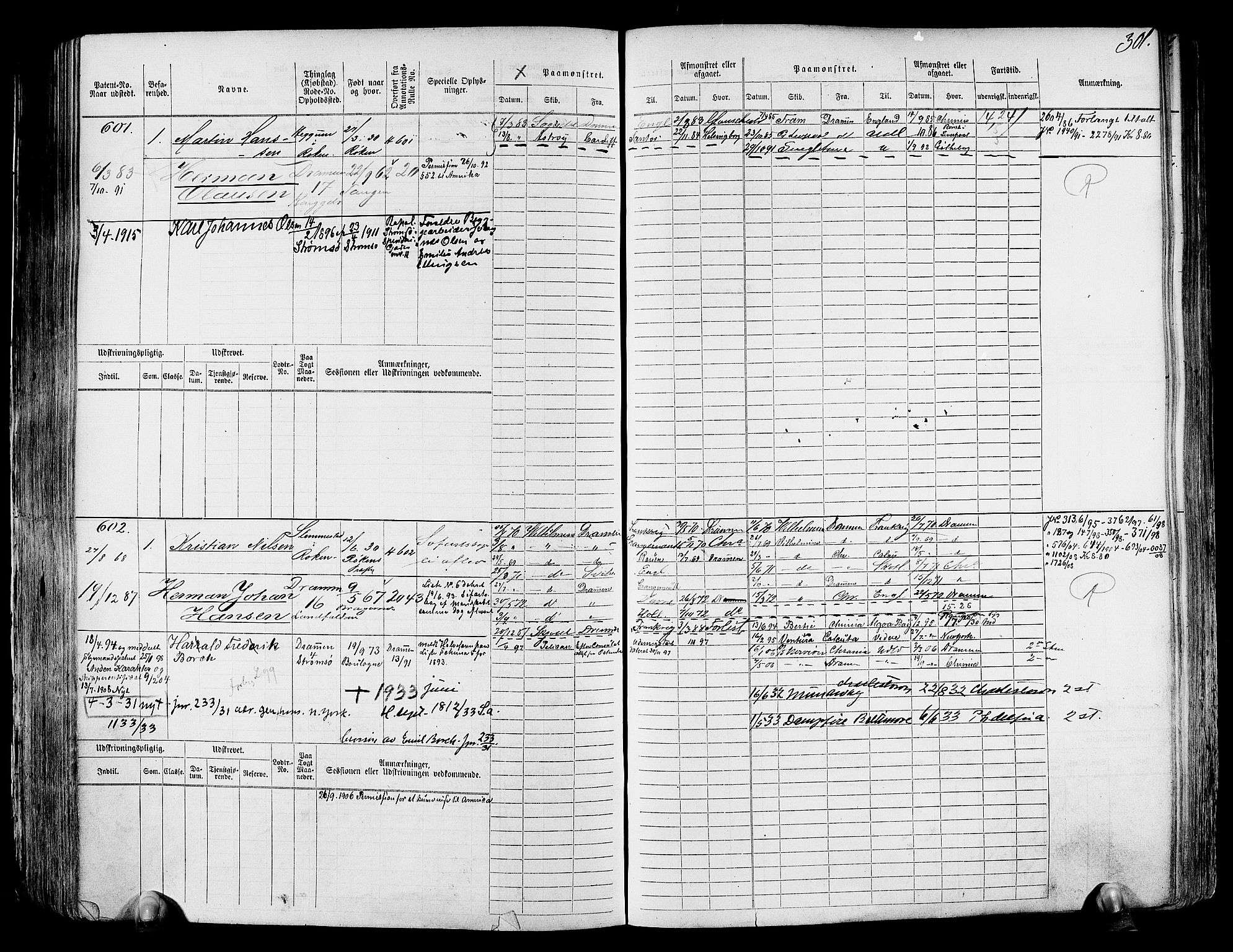 Drammen innrulleringsdistrikt, SAKO/A-781/F/Fc/L0001: Hovedrulle, 1868, s. 307