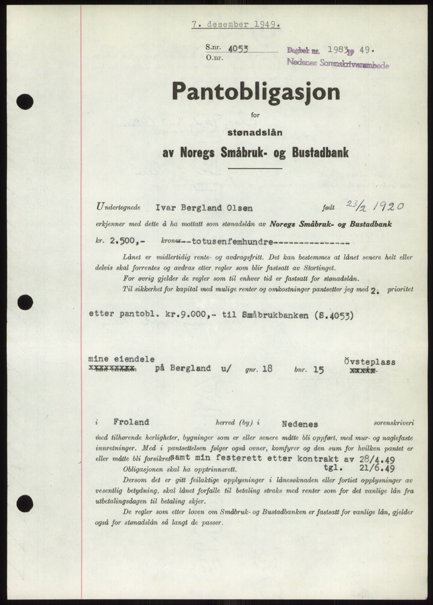 Nedenes sorenskriveri, SAK/1221-0006/G/Gb/Gbb/L0007: Pantebok nr. B7, 1949-1950, Dagboknr: 1983/1949