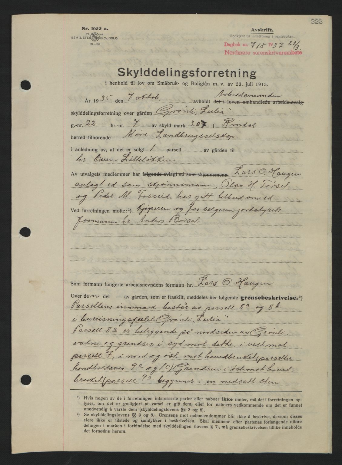 Nordmøre sorenskriveri, SAT/A-4132/1/2/2Ca: Pantebok nr. A81, 1937-1937, Dagboknr: 718/1937