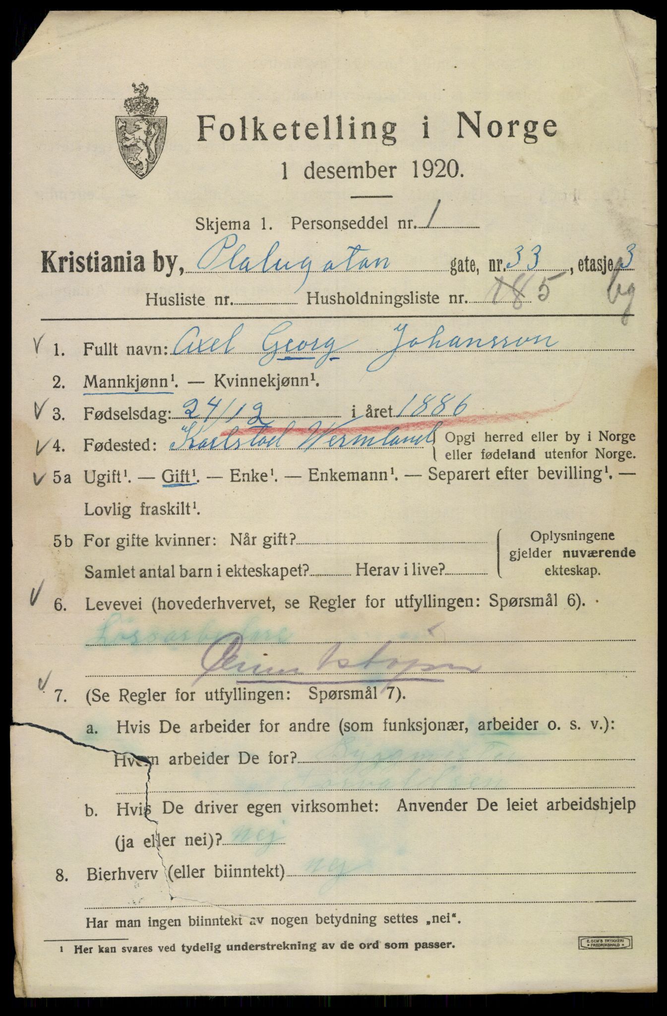 SAO, Folketelling 1920 for 0301 Kristiania kjøpstad, 1920, s. 456229