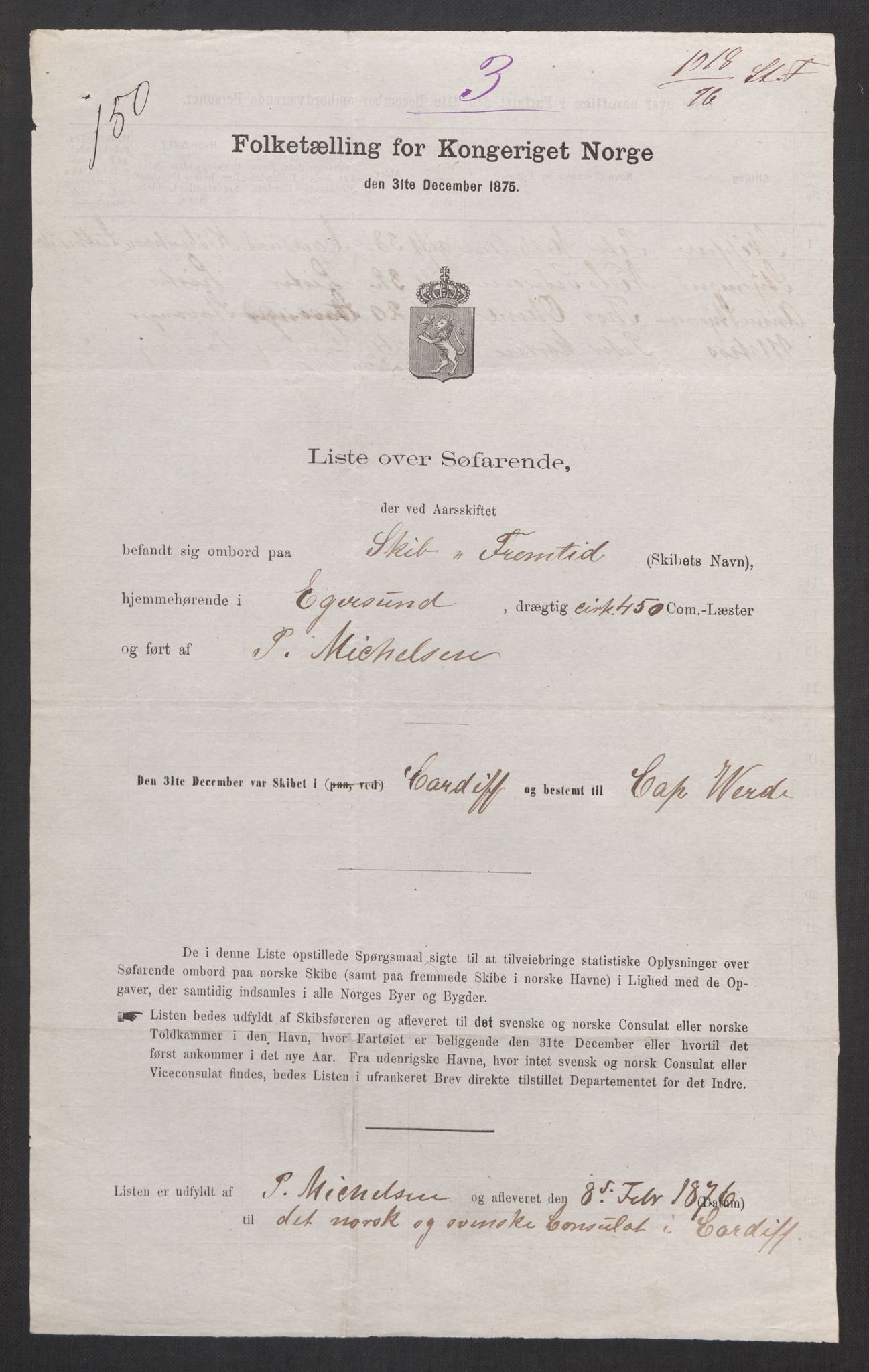 RA, Folketelling 1875, skipslister: Skip i utenrikske havner, hjemmehørende i 1) byer og ladesteder, Grimstad - Tromsø, 2) landdistrikter, 1875, s. 402