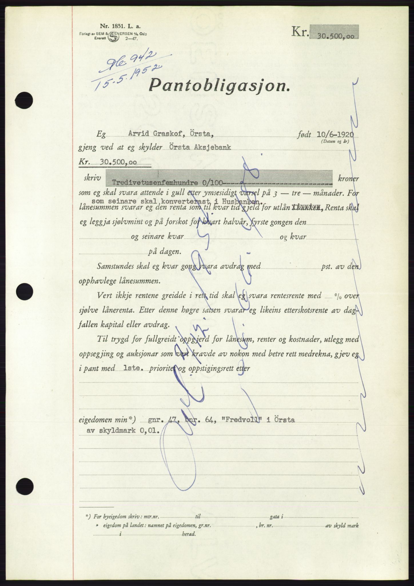 Søre Sunnmøre sorenskriveri, AV/SAT-A-4122/1/2/2C/L0121: Pantebok nr. 9B, 1951-1952, Dagboknr: 942/1952