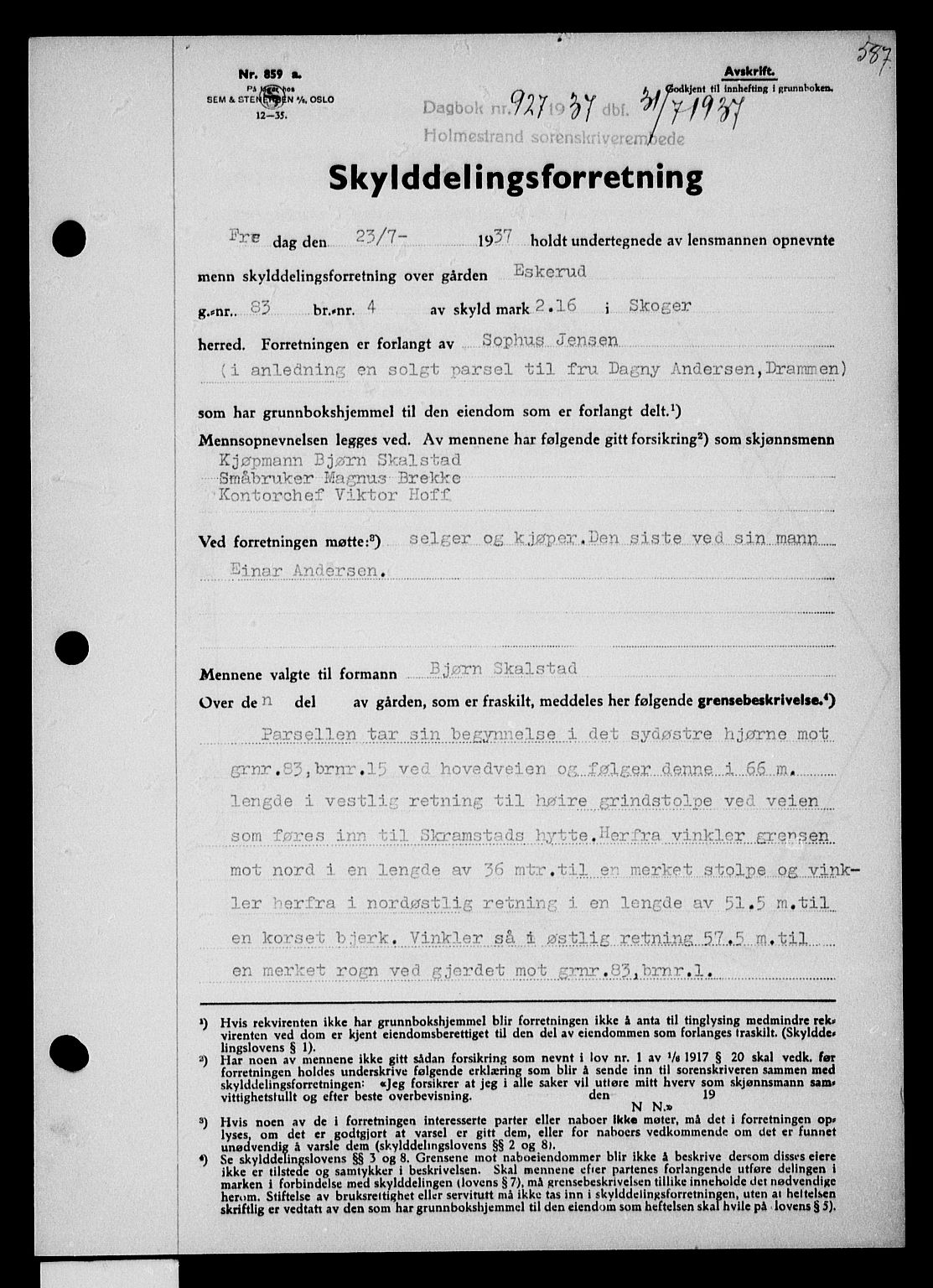 Holmestrand sorenskriveri, SAKO/A-67/G/Ga/Gaa/L0048: Pantebok nr. A-48, 1936-1937, Dagboknr: 927/1937