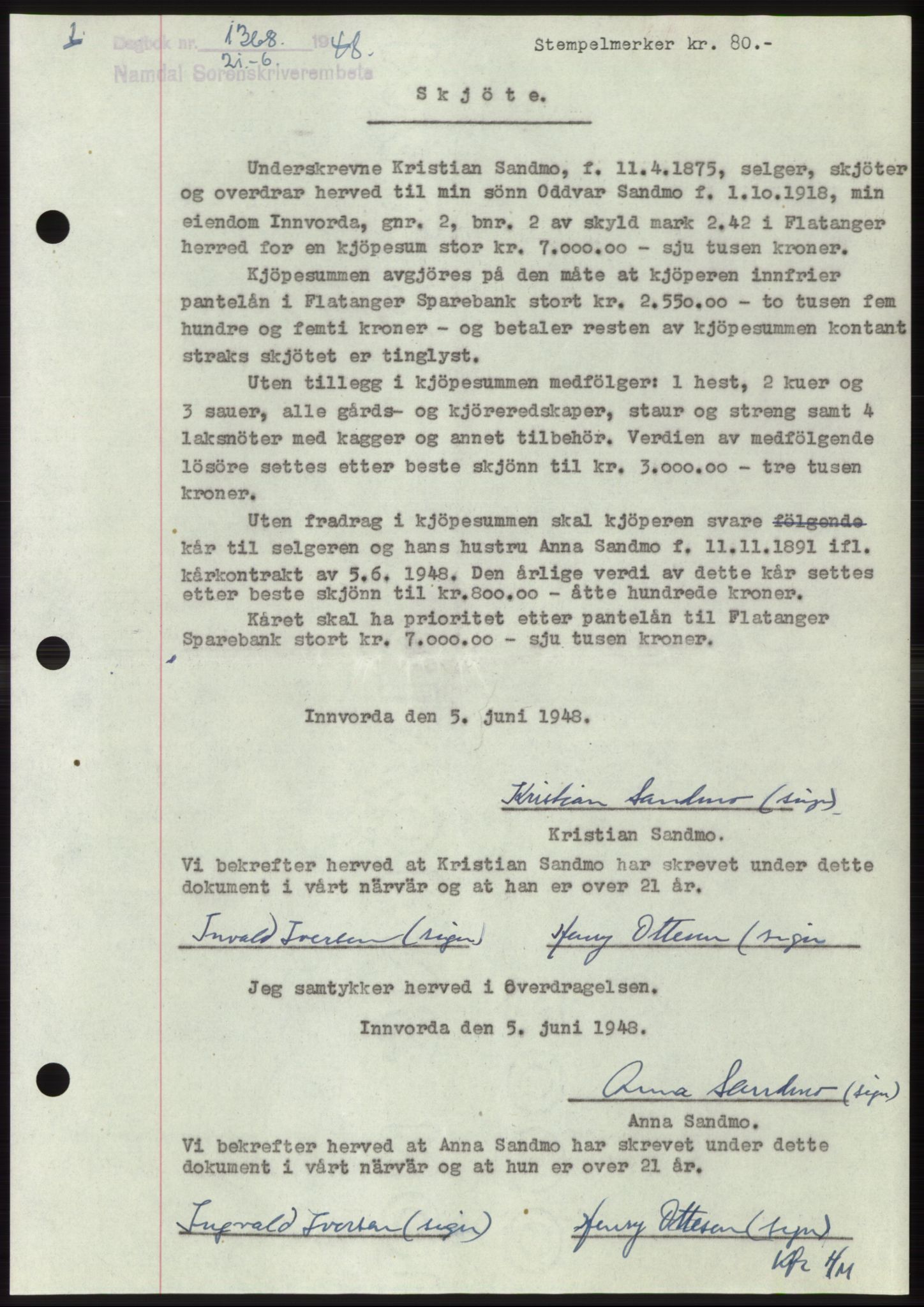 Namdal sorenskriveri, SAT/A-4133/1/2/2C: Pantebok nr. -, 1948-1948, Dagboknr: 1368/1948